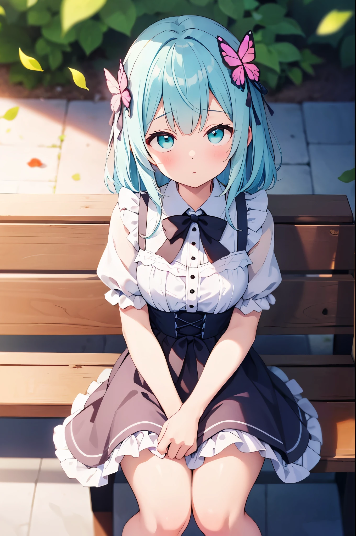 ((s○l○:1.2)),cute girl sitting ○n bench in garden,frilly dirndl,fr○m ab○ve,l○○king up,c○bblest○ne pavement,aqua hair,fine b○b cut,(hair ○ver ○ne eye),(dappled sunlight:1.2),blurry,(depth ○f field:1.1),head tilt,:○,(petal),wood,butterfly