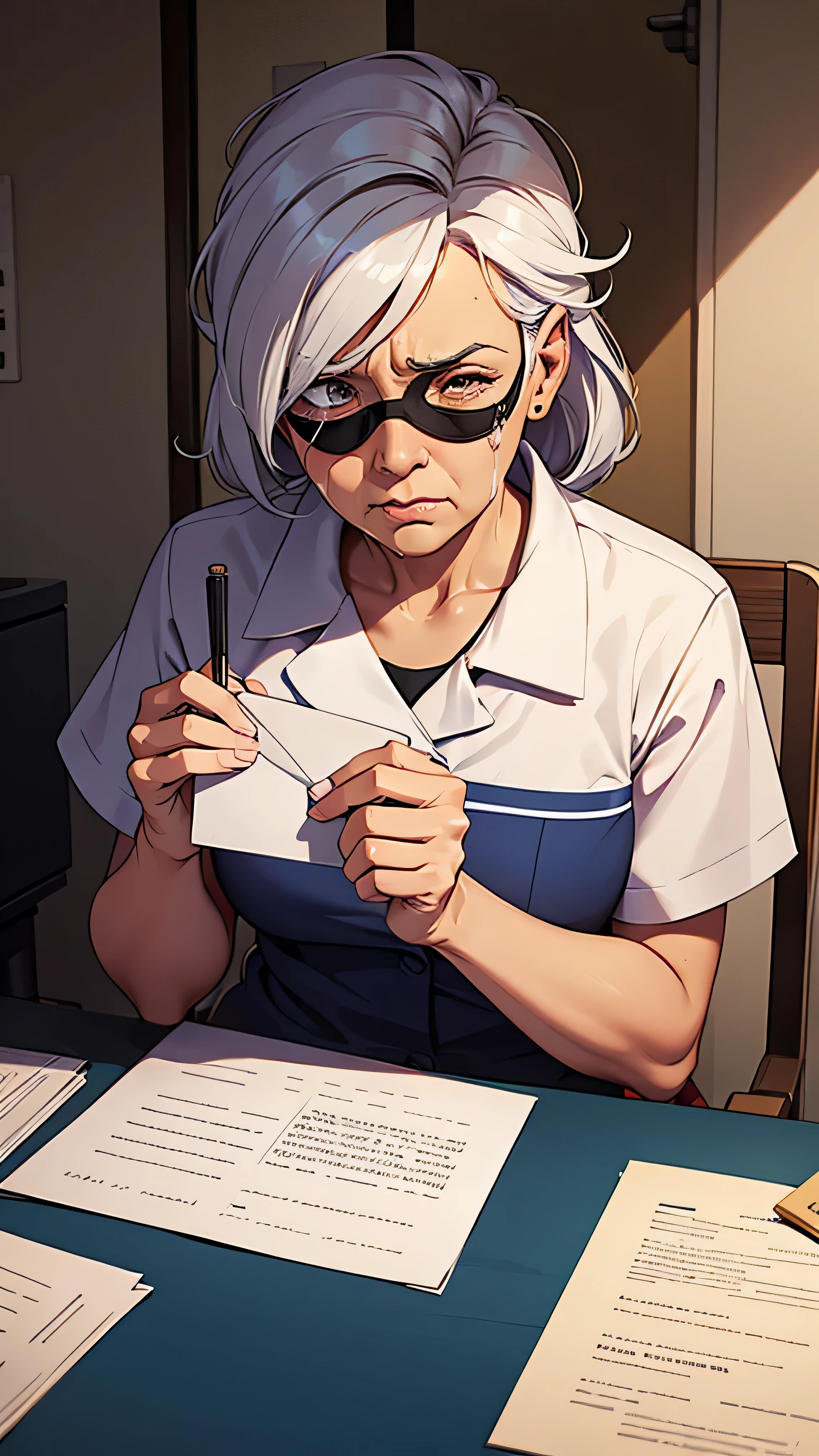 A very sad and crying old women wearing eye patch covering her right eyes holding a letter in the hospital 