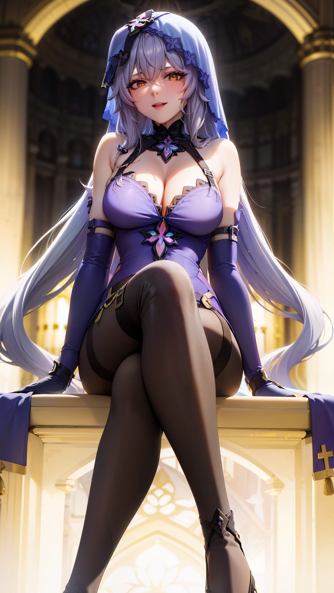 black swan, hair between eyes, long hair, (yellow eyes:1.1), very long hair, white hair,arm belt, bare shoulders, cleavage, covered navel, dress, elbow gloves, gloves, purple dress, sleeveless, sleeveless dress, veil,covered navel,((evil smile)),sitting,((crossed legs)),thighs focus,legs focus,((from below)),feet,five toes