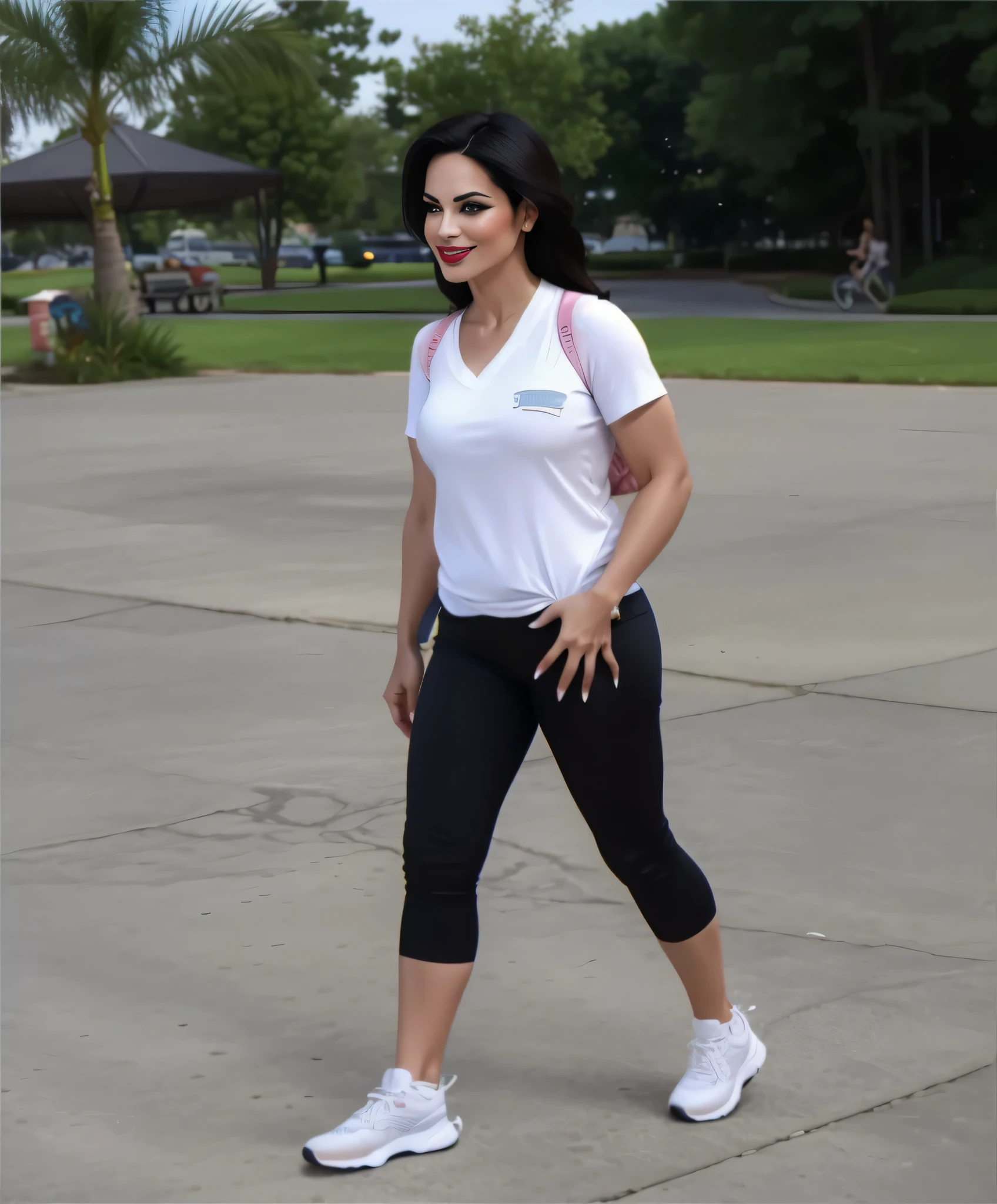 woman in white shirt and black capri andando on cement, using exercise equipment, andando in park, andando. Uma mulher com pele branca e cabelos escuros. ela tem cerca de 35 anos. His lips were slightly plump, os olhos dela eram castanhos escuros. Corpo fino. cintura fina. Your body exudes glamor and your face is the definition of beauty. teste, Altamente realista, Lindo, slightly plump lips, batom cor de rosa, sorridente, feeling of lightness and joy, hiperrealismo, pele muito elaborada. foto de corpo inteiro, Limpar foto, alta qualidade, high resolution, obra de arte, 8k.
