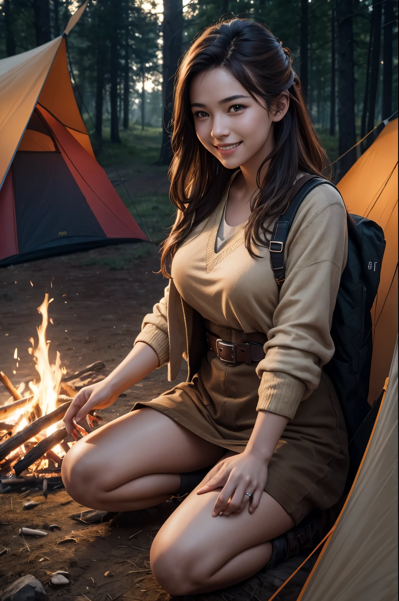 (Nude sexy tanned Polynesian|Asian woman, extremely_long_hair, slanted Asian eyes, hourglass figure, perfect eyeliner:1.2), (masterpiece:1.4, best quality), medium breasts, unity 8k wallpaper, ultra detailed, (camping grounds, campfire, wearing nothing:1.3), alluring pose, upper body, narrow_waist, beautiful and aesthetic, detailed, solo,  pubic_hair