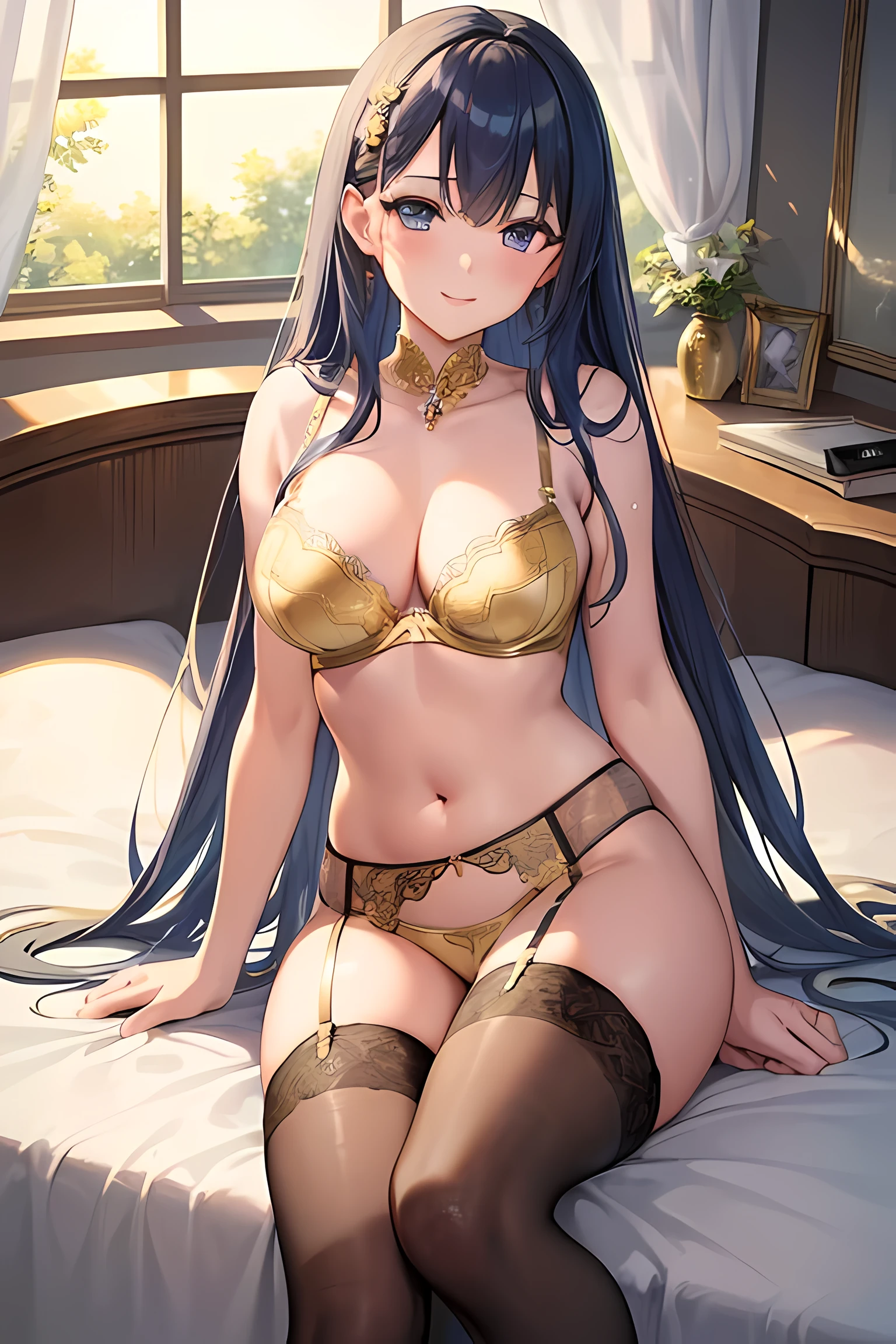 (masterpiece:1.5),(highest quality:1.5),(8K),(super fine illustration:1.5),(very clear image:1.5),(super detailed:1.5),(sexy and cute 1girl:1.5),smile:1.6,(Delicately drawn lingerie:1.6),(Metallic Gold,good:1.6),(Metallic Gold,poor:1.6),(Metallic Gold,garter belt:1.6),(Metallic Gold,stockings:1.6),(sexy pose:1.5),(Bedroom:1.6),sitting on the bed,dynamic angle,random position,blue tone、