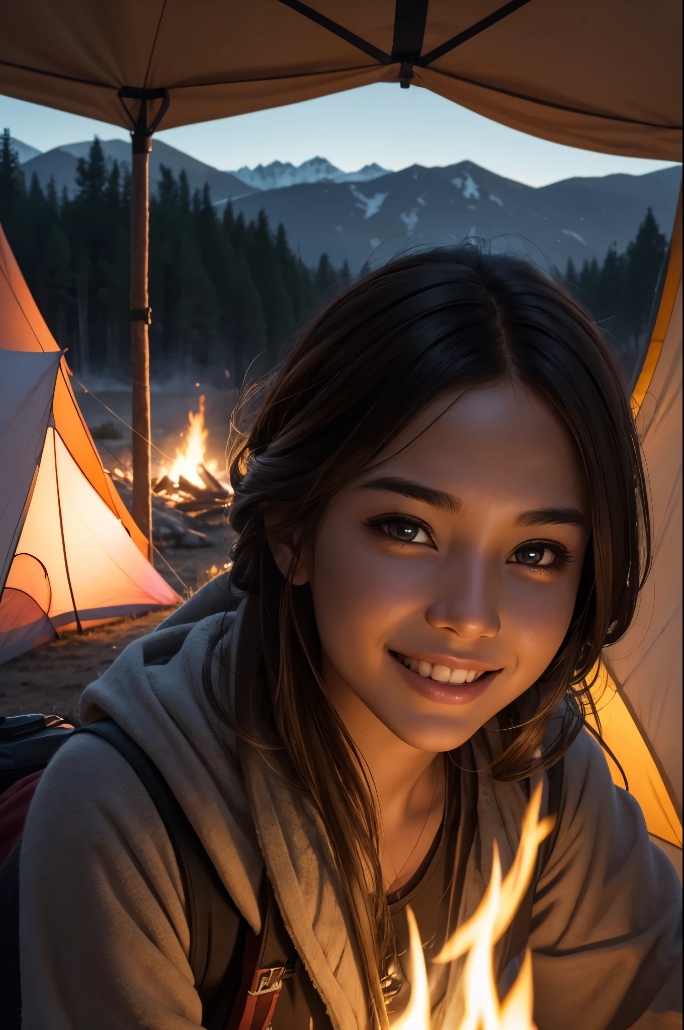 8k,evening,young woman camping,lit by a bonfire,cold,triangular tent behind,Photorealistic RAW photos of the highest quality。bright colors,rich colors, Backlight, cinematic lighting, film grain, to be born, 50mm lens, Nikon D850,realistic skin,fantasy art,character art,ultra high resolution,realistic skin,perspective from above,big smile,