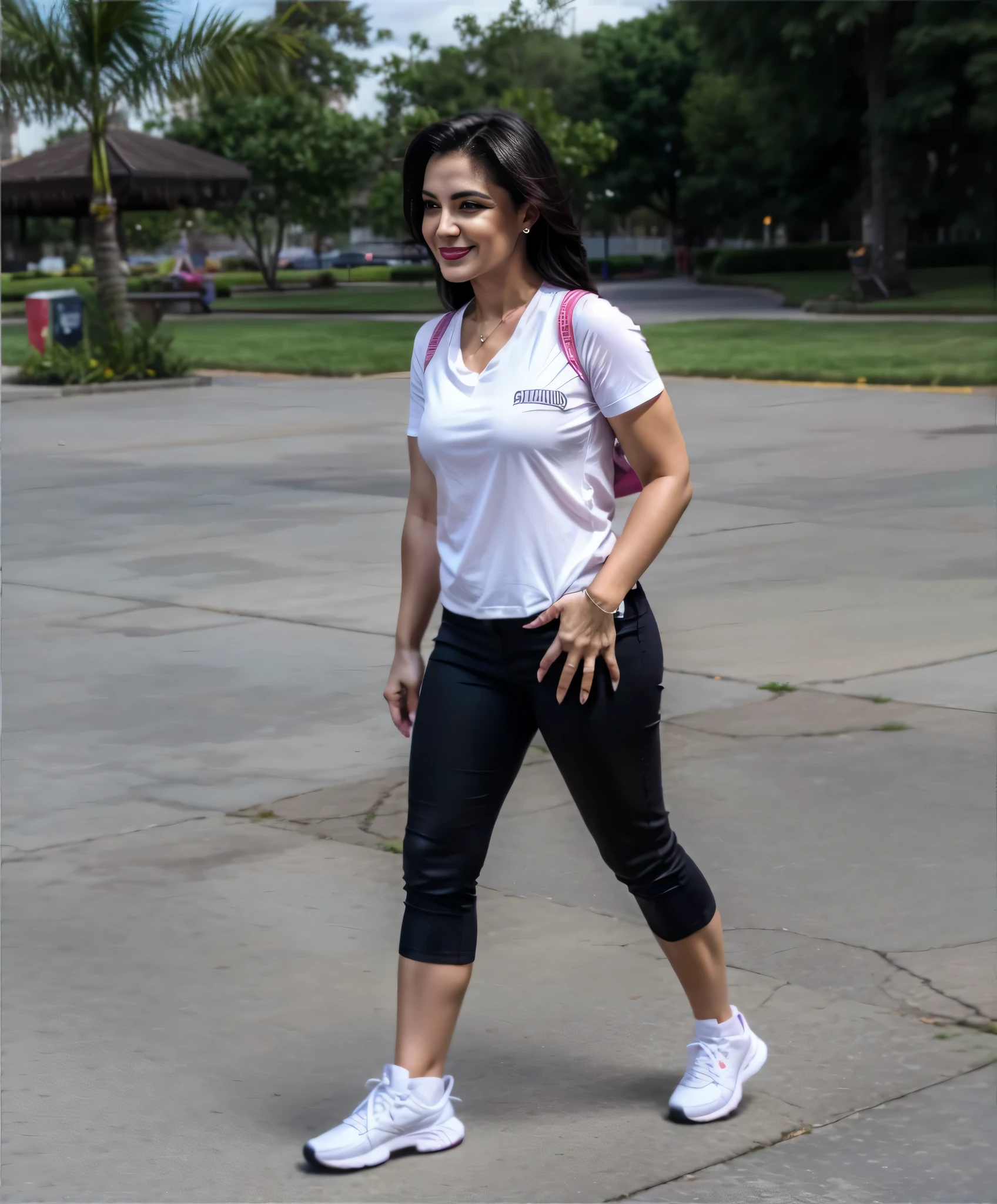 woman in white shirt and black capri andando on cement, using exercise equipment, andando in park, andando. Uma mulher com pele branca e cabelos escuros. ela tem cerca de 35 anos. His lips were slightly plump, os olhos dela eram castanhos escuros. Corpo fino. cintura fina. Your body exudes glamor and your face is the definition of beauty. teste, Altamente realista, Lindo, slightly plump lips, batom cor de rosa, sorridente, feeling of lightness and joy, hiperrealismo, pele muito elaborada. foto de corpo inteiro, Limpar foto, alta qualidade, high resolution, obra de arte, 8k.