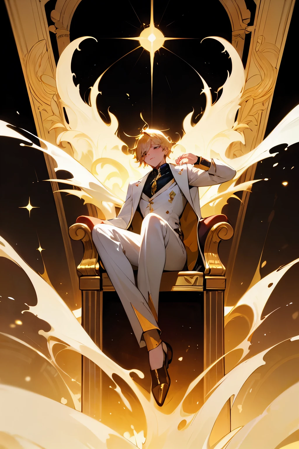 An illustration of an anime boy deity, donning an immaculate all-white suit with golden highlights, exudes an aura of sophistication as he gracefully steps out from his radiant golden aura, filled with fluidity and elegance. Seated majestically on a stylized cosmic throne, encompassed by a vibrant backdrop of orange, yellow, and white colors radiating from his head, infusing thoughts in a powerful and enchanting manner. In the foreground, a glamorous golden garden unfolds, bathed in the soft light of a fan-art inspired by the mastery of Van Gogh and Picasso. This top-quality digital artpiece,