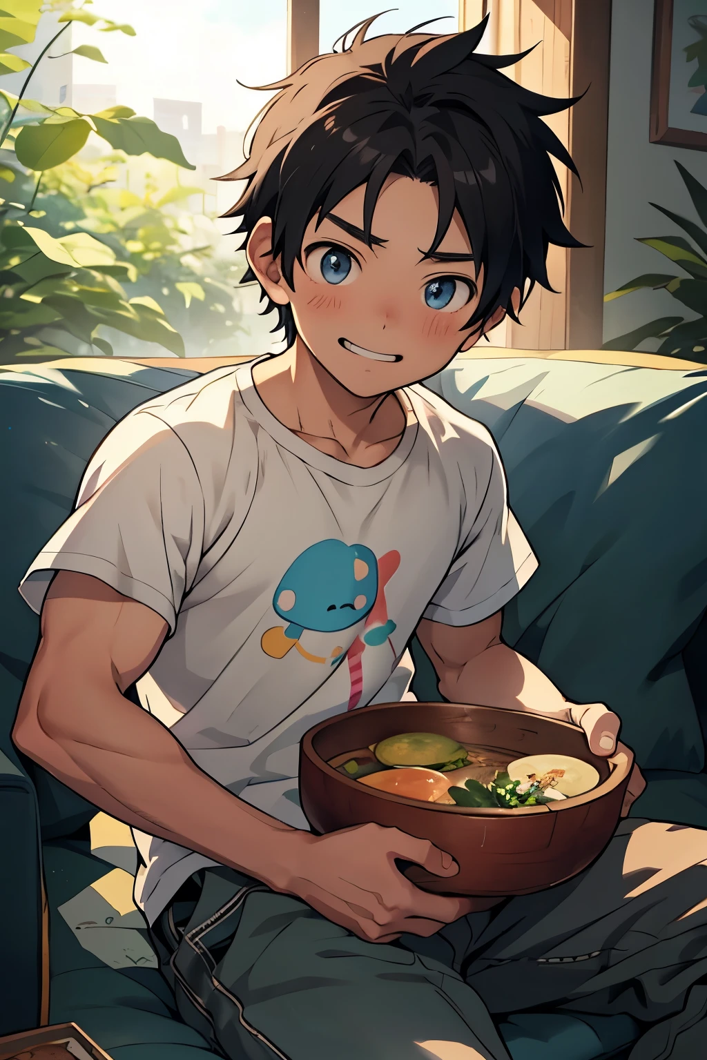 In the heartwarming 2D anime image, there's an enchanting scene of a cute anime ???, adorned with rosy cheeks and a wide smile. His sparkling blue eyes are filled with wonder and excitement, as if he's about to uncover a hidden treasure. Muscular and towering behind the young boy is a soothing presence, a loyal companion ready to tend to his friend's needs.

The muscular character is positioned on a well-worn, cushioned sofa. He skillfully holds a feeder, ensuring that each morsel reaches its intended destination – the cute anime ???'s eagerly awaiting mouth. The tender expression on his face reveals the depth