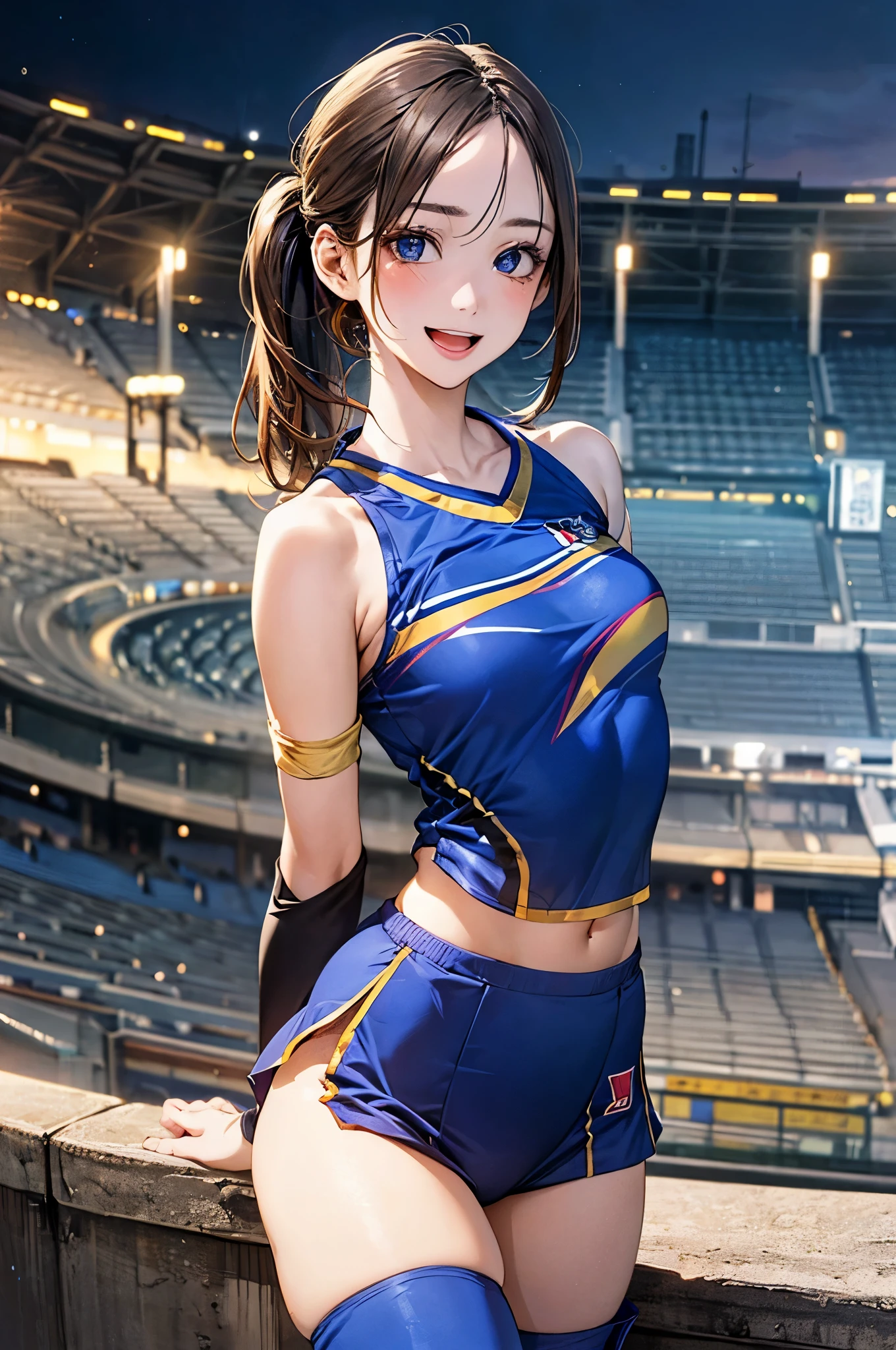 (masterpiece:1.2, top-quality), (realistic, photorealistic:1.4), beautiful illustration, (natural side lighting, movie lighting), depth of fields, back lighting,
looking at viewer, 1 girl, japanese, high chool girl, 17 years old, perfect face, cute and symmetrical face, shiny skin,
(middle hair, side ponytail, light brown hair), asymmetrical bangs, blue eyes, long eye lasher, (medium breasts), cute round face, beautiful make up,
beautiful hair, beautiful face, beautiful detailed eyes, beautiful clavicle, beautiful body, beautiful chest, beautiful thigh, beautiful legs, beautiful fingers,
((blue sleeveles cheerleader:1.2), thigh high boots), detached sleeve,
(beautiful scenery), evening, (stadium background:1.2), extremely cute, arm up, armpits, (lovely smile, open mouth),