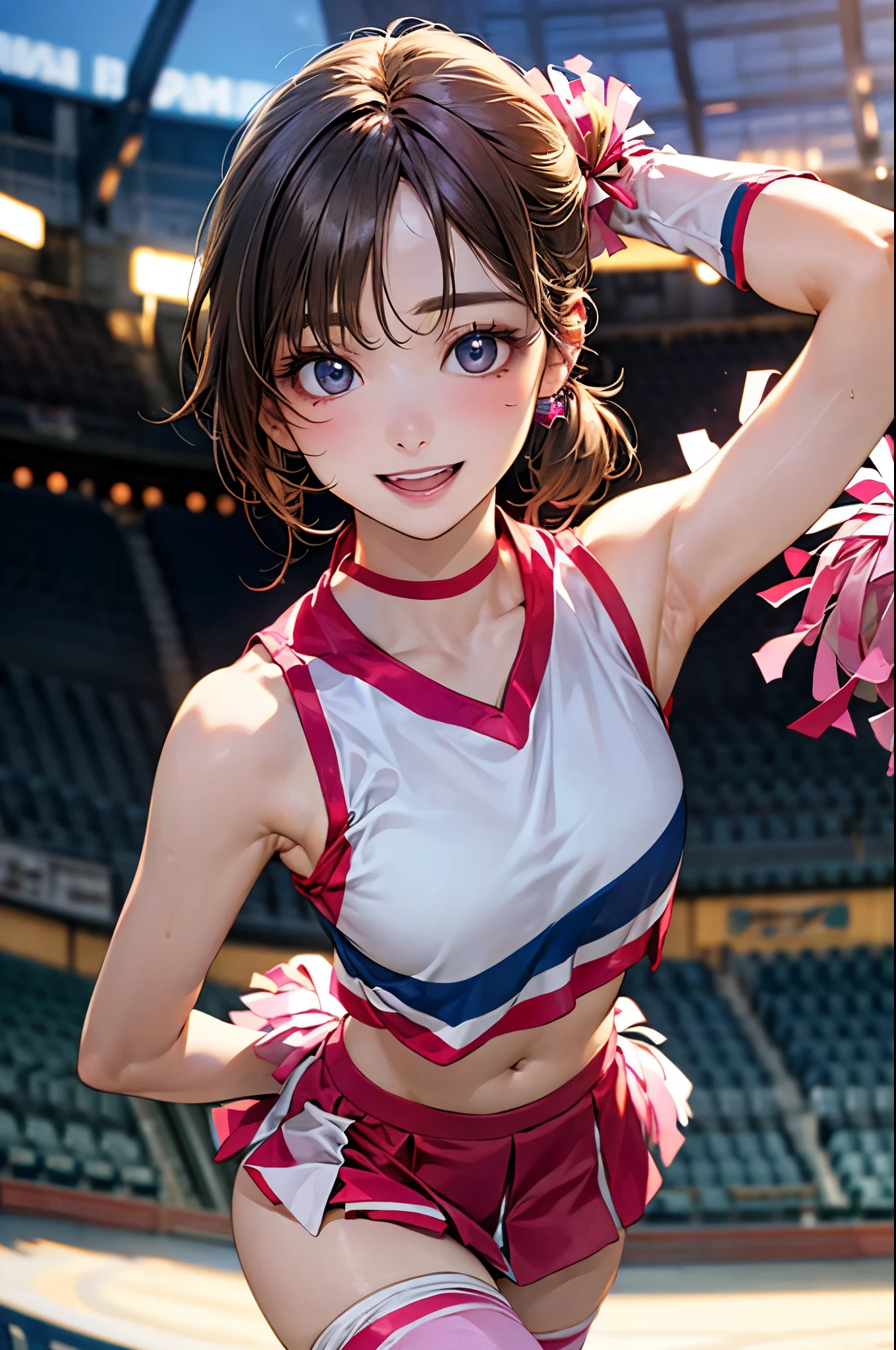 (masterpiece:1.2, top-quality), (realistic, photorealistic:1.4), beautiful illustration, (natural side lighting, movie lighting), depth of fields, back lighting,
looking at viewer, 1 girl, japanese, high chool girl, 17 years old, perfect face, cute and symmetrical face, shiny skin,
(middle hair, side ponytail, light brown hair), asymmetrical bangs, blue eyes, long eye lasher, (medium breasts), cute round face, beautiful make up,
beautiful hair, beautiful face, beautiful detailed eyes, beautiful clavicle, beautiful body, beautiful chest, beautiful thigh, beautiful legs, beautiful fingers,
((sleeveless pink cheerleader:1.2), thigh high boots), detached sleeve,
(beautiful scenery), evening, (stadium background:1.2), extremely cute, arm up, armpits, (lovely smile, open mouth),