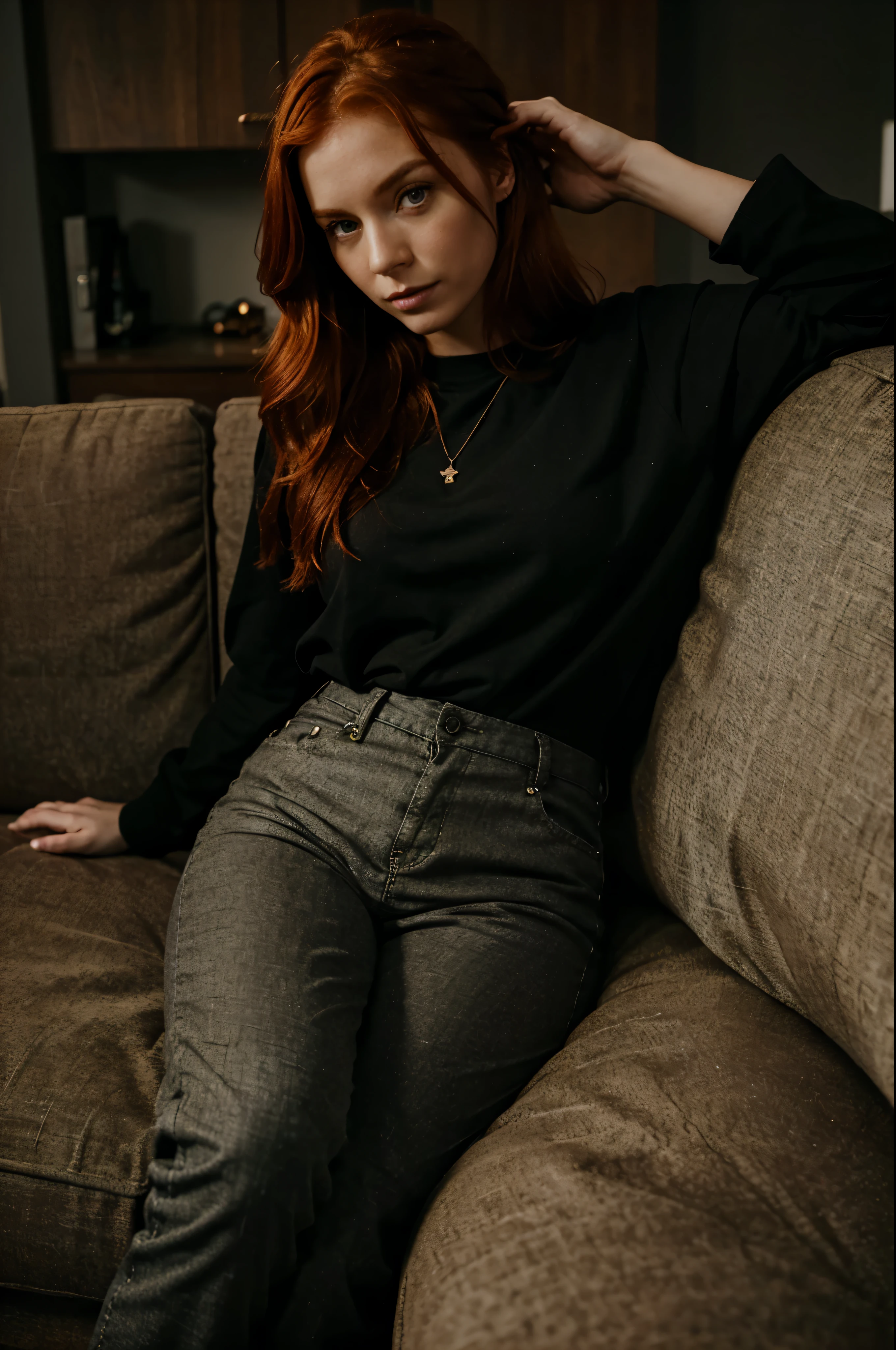 Create a photo-realistic image of A nerdy, 25-year-old girl, red-haired with freckles sitting on the couch in jogging clothes, watching television at night. The room is softly lit by the glow of a single candle in the background, creating a cozy and relaxed atmosphere. A steaming cup of tea sits on the coffee table in front of her, adding to the sense of comfort. The television's light gently illuminates her focused expression, reflecting a quiet night in