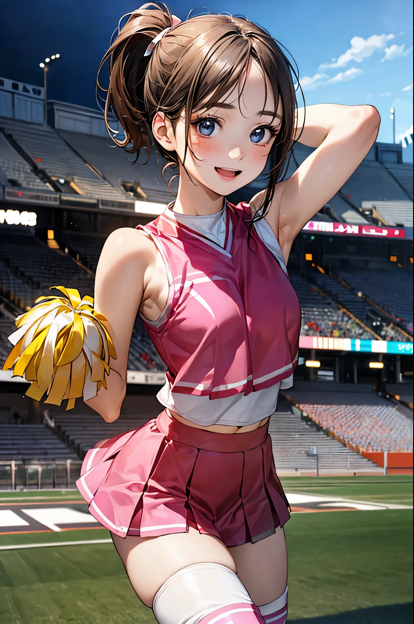 (masterpiece:1.2, top-quality), (realistic, photorealistic:1.4), beautiful illustration, (natural side lighting, movie lighting), depth of fields, back lighting,
looking at viewer, 1 girl, japanese, high chool girl, , perfect face, cute and symmetrical face, shiny skin,
(middle hair, side ponytail, light brown hair), asymmetrical bangs, blue eyes, long eye lasher, (medium breasts), cute round face, beautiful make up,
beautiful hair, beautiful face, beautiful detailed eyes, beautiful clavicle, beautiful body, beautiful chest, beautiful thigh, beautiful legs, beautiful fingers,
((sleeveless pink cheerleader:1.2), thigh high boots), detached sleeve,
(beautiful scenery), evening, (stadium background:1.2), extremely cute, arm up, armpits, (lovely smile, open mouth),