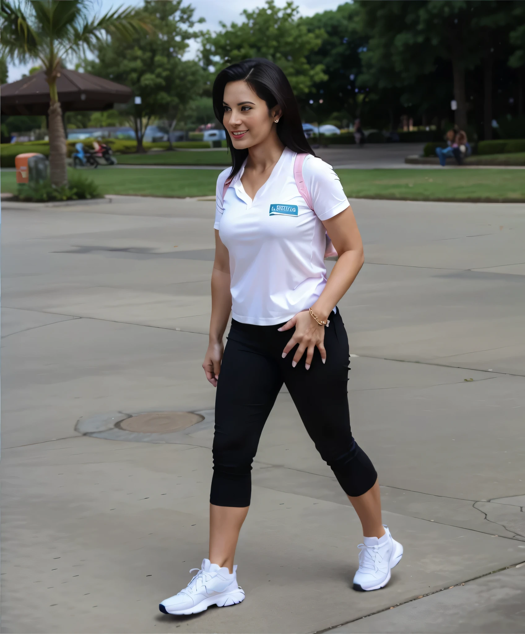 woman in white shirt and black capri andando on cement, using exercise equipment, andando in park, andando. Uma mulher com pele branca e cabelos escuros. ela tem cerca de 35 anos. His lips were slightly plump, os olhos dela eram castanhos escuros. Corpo fino. cintura fina. Your body exudes glamor and your face is the definition of beauty. teste, Altamente realista, Lindo, slightly plump lips, batom cor de rosa, sorridente, feeling of lightness and joy, hiperrealismo, pele muito elaborada. foto de corpo inteiro, Limpar foto, alta qualidade, high resolution, obra de arte, 8k.