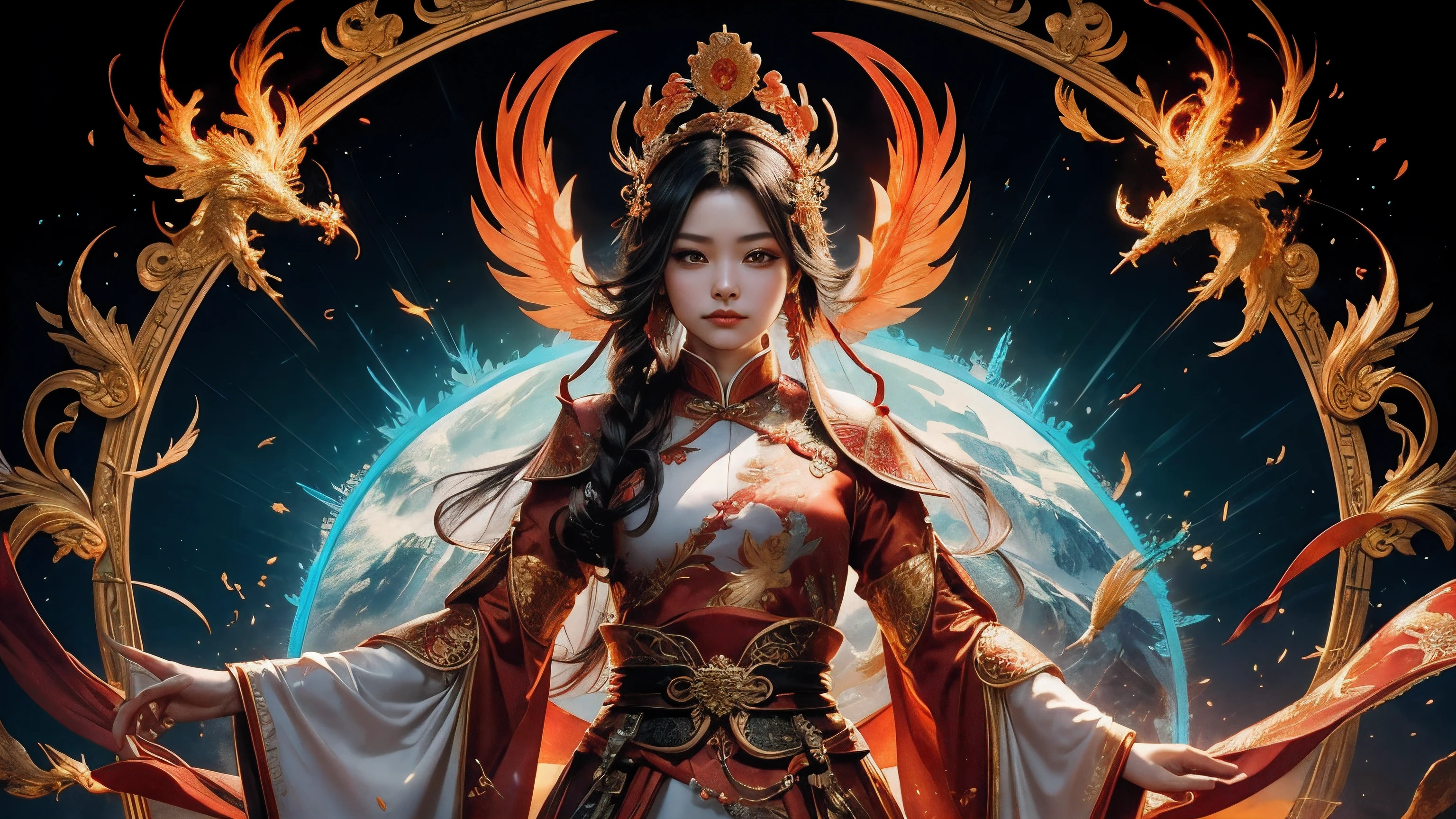 chinese style, Phoenix Fairy, Deus, Rainha, roupas bonitas, Beautiful feather pattern, Hanfu vermelho, Phoenix Crown, parado no topo da montanha, Parte superior do corpo para cima, 32K