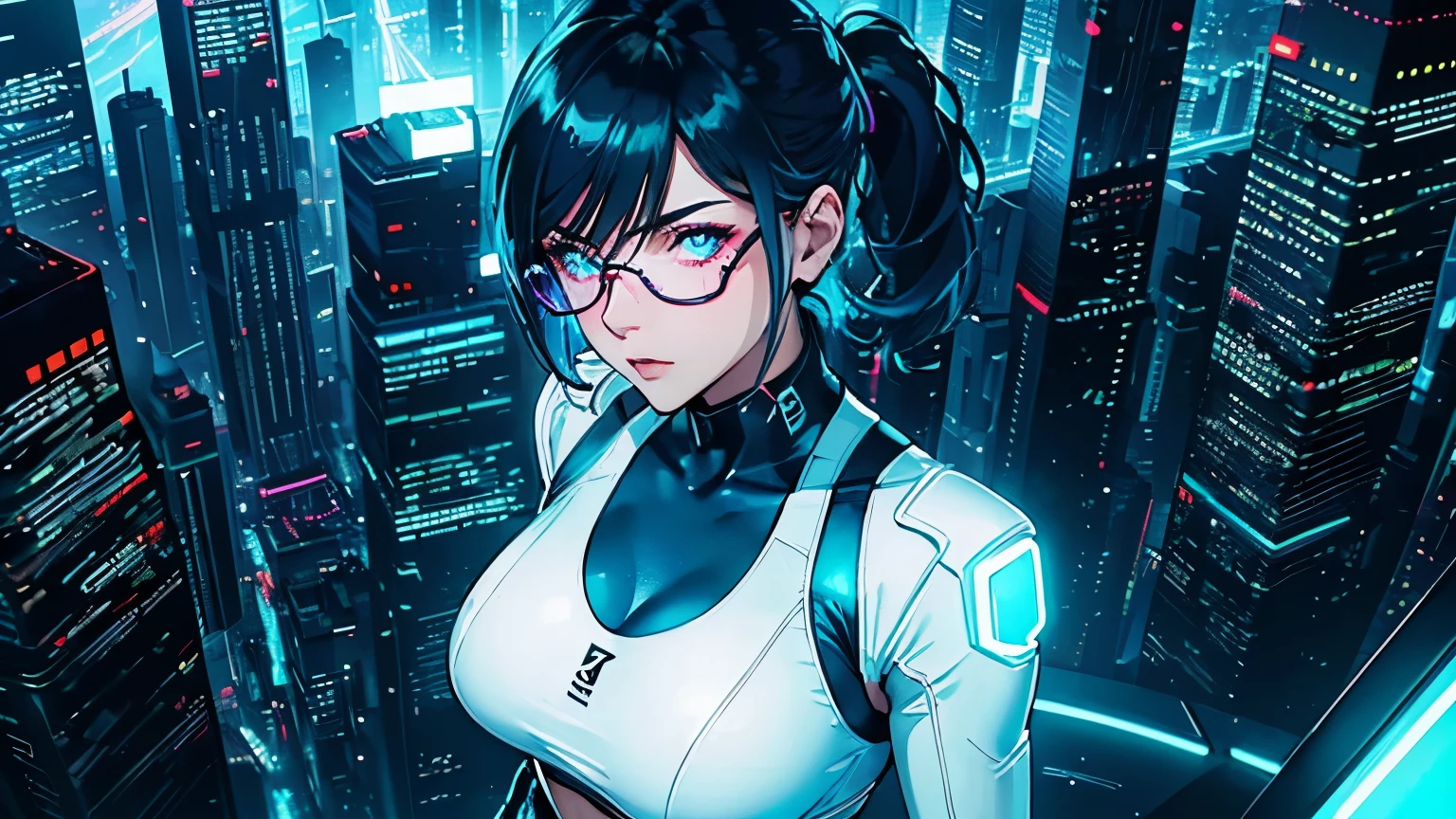 Editorial Style photo, High angle, 1woman, fit-muscled body, medium breast, bright yellow eyes,dark blue hair , blue eyes, With round lenses, The audience watched carefully, (s face: 1.2), Perfect female figure, ((standing)), ((neon white Tight crop top neon white leather suit), face close up, ((Bonifasko lighting)), (The round lenses on his eyes)(詳細な目), Perfect student, face close up, Cyberpunk, Rooftop, Glowing neon signs, Metallic, concrete, and holographic, Urban decay details, Neon, electric blue, Neon Nights Co., Artificial neon glow, Megacity rooftop, Nighttime, Futuristic and vibrant, Futuristic skyscrapers and aerial walkways —ar 16:9 —s 500