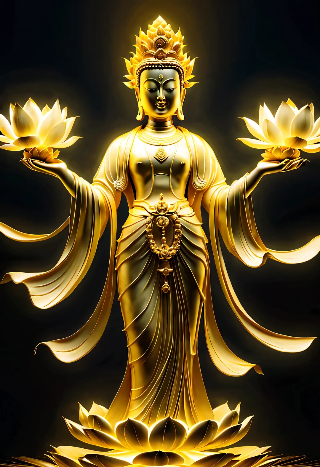 Avalokiteshvara, Flying Golden Lotus Guanyin Bodhisattva, lotus, through HD CG, divinelight, light, 8k, 超HD, Blizzard style art trends, Fog light luminous body lamp, HD, Symmetrical,