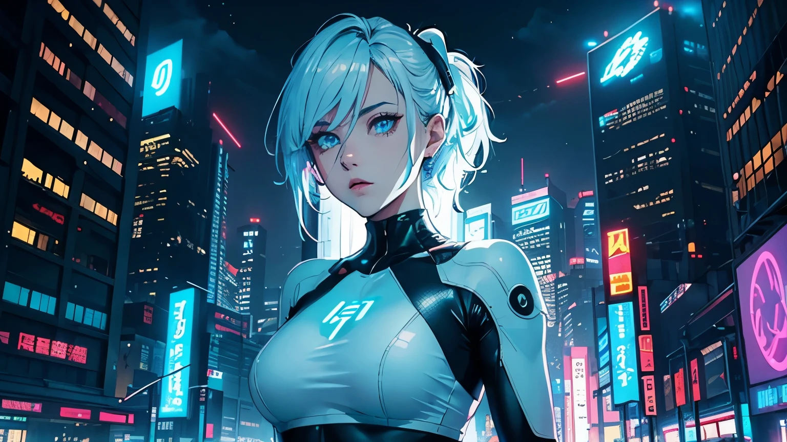 Editorial Style photo, High angle, 1woman, fit-muscled body, medium breast, bright yellow eyes,dark blue hair , blue eyes, With round lenses, The audience watched carefully, (s face: 1.2), Perfect female figure, ((standing)), ((neon white Tight crop top neon white leather suit), face close up, ((Bonifasko lighting)), (The round lenses on his eyes)(詳細な目), Perfect student, face close up, Cyberpunk, Rooftop, Glowing neon signs, Metallic, concrete, and holographic, Urban decay details, Neon, electric blue, Neon Nights Co., Artificial neon glow, Megacity rooftop, Nighttime, Futuristic and vibrant, Futuristic skyscrapers and aerial walkways —ar 16:9 —s 500