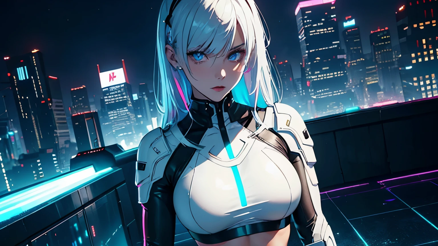 Editorial Style photo, High angle, 1woman, fit-muscled body, medium breast, bright yellow eyes,dark blue hair , blue eyes, With round lenses, The audience watched carefully, (s face: 1.2), Perfect female figure, ((standing)), ((neon white Tight crop top neon white leather suit), face close up, ((Bonifasko lighting)), (The round lenses on his eyes)(詳細な目), Perfect student, face close up, Cyberpunk, Rooftop, Glowing neon signs, Metallic, concrete, and holographic, Urban decay details, Neon, electric blue, Neon Nights Co., Artificial neon glow, Megacity rooftop, Nighttime, Futuristic and vibrant, Futuristic skyscrapers and aerial walkways —ar 16:9 —s 500