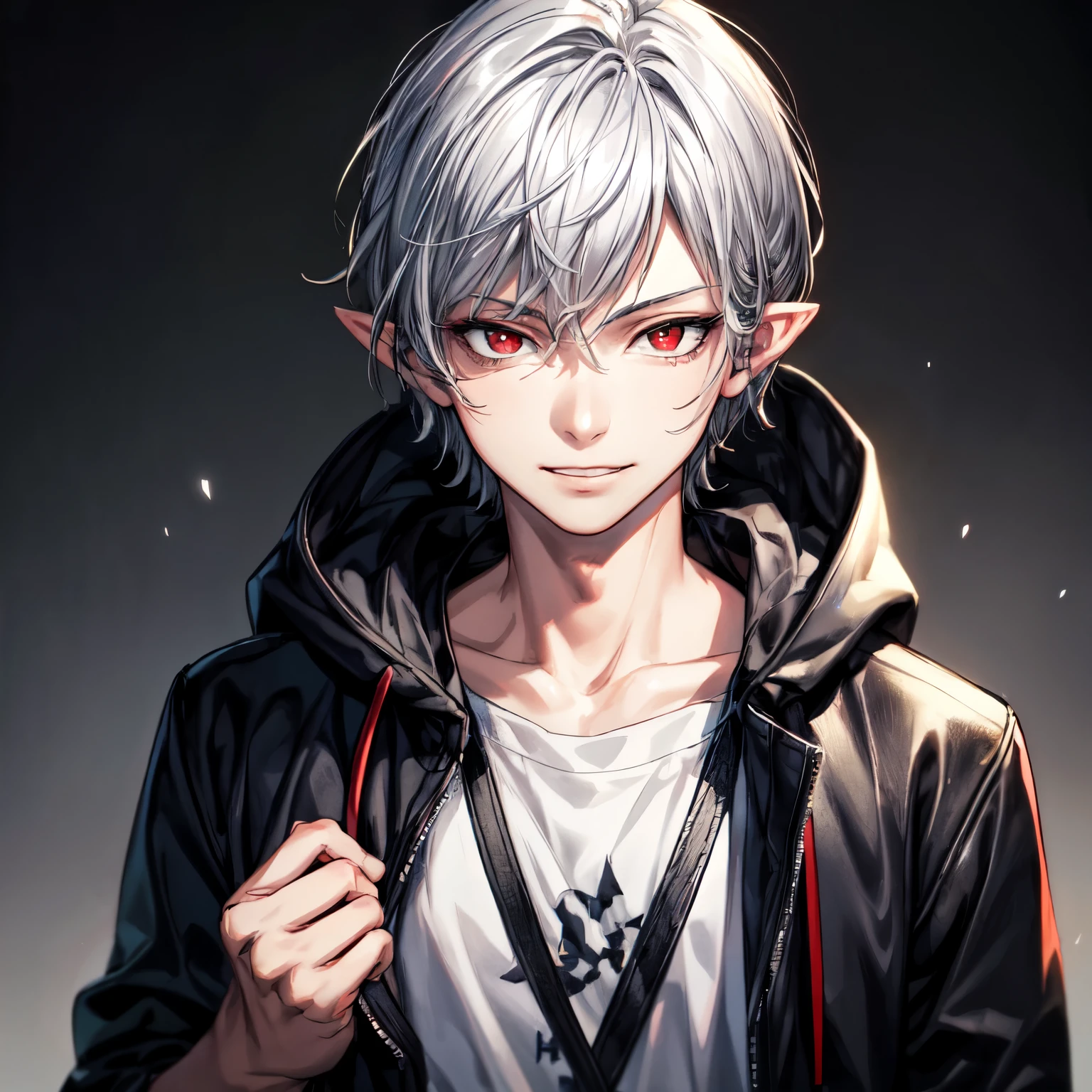 masterpiece, best quality, high quality, 1boy, solo, male focus, looking at viewer, half body, red eyes, short silver hair, pointy ears, realistic, hoodie, smirk