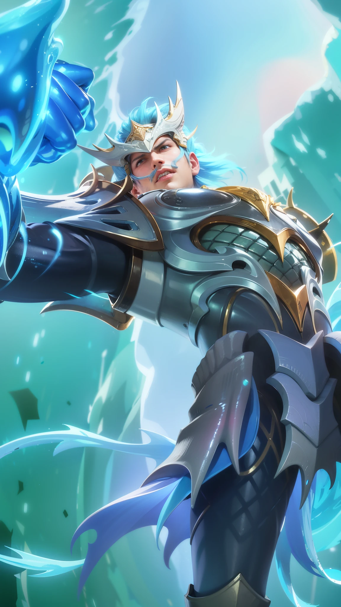 a close up of a man with a helmet on holding a sword, gatotkaca, young handsome, angry, masterpeace, 8K quality, High resolution, super detail, realistic, Raw photo, blue eyes, blue hair.