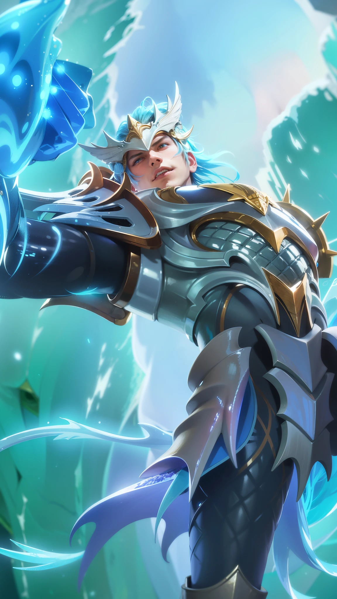 a close up of a man with a helmet on holding a sword, gatotkaca, young handsome, angry, masterpeace, 8K quality, High resolution, super detail, realistic, Raw photo, blue eyes, blue hair.