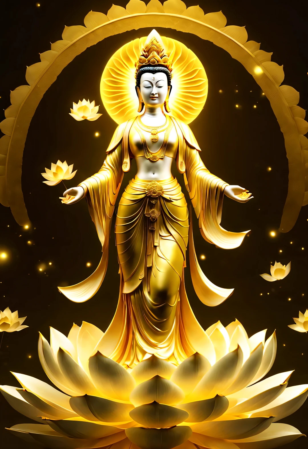Avalokiteshvara, Flying Golden Lotus Guanyin Bodhisattva, lotus, through HD CG, divinelight, light, 8k, 超HD, Blizzard style art trends, Fog light luminous body lamp, HD, Symmetrical,