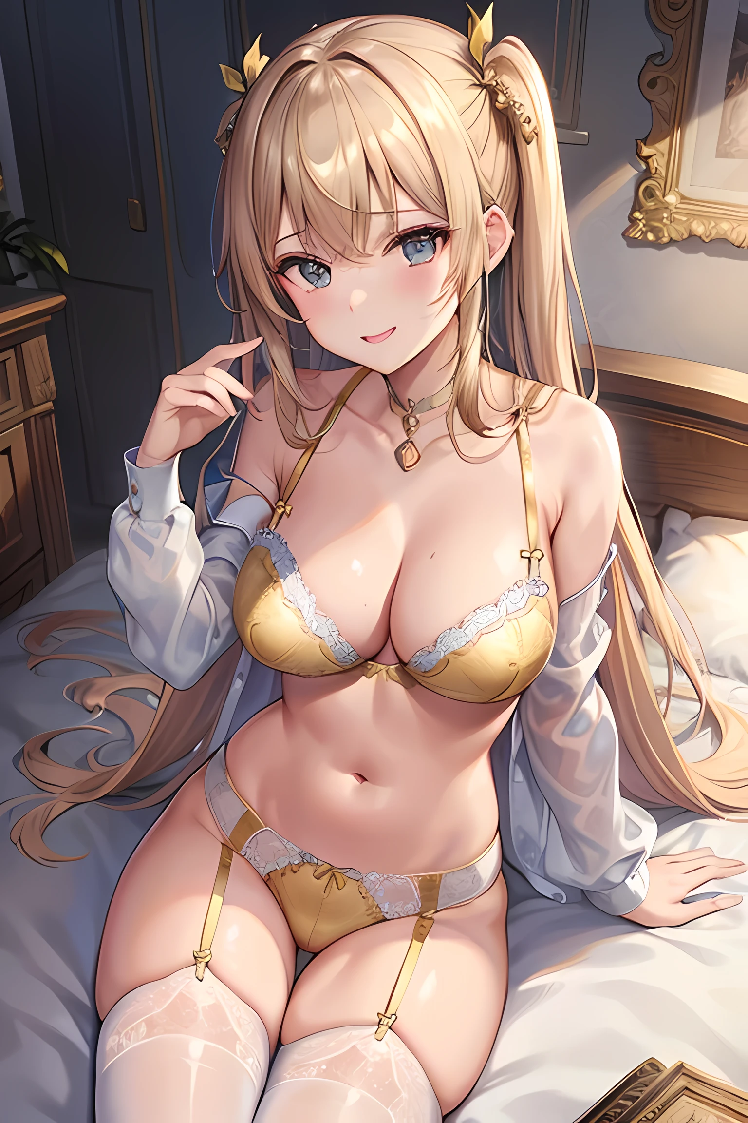 (masterpiece:1.5),(highest quality:1.5),(8K),(super fine illustration:1.5),(very clear image:1.5),(super detailed:1.5),(sexy and cute 1girl:1.5),smile:1.6,(Delicately drawn lingerie:1.6),(Metallic Gold,good:1.6),(Metallic Gold,poor:1.6),(Metallic Gold,garter belt:1.6),(Metallic Gold,stockings:1.6),(sexy pose:1.5),(Bedroom:1.6),sitting on the bed,dynamic angle,random position,blue tone、