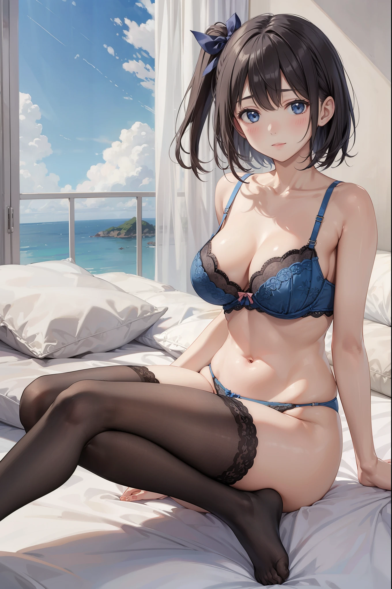 masterpiece, best quality, 1girl,, lingerie, bra, string, black legwear, blush, soft smile, bedroom, blue sky