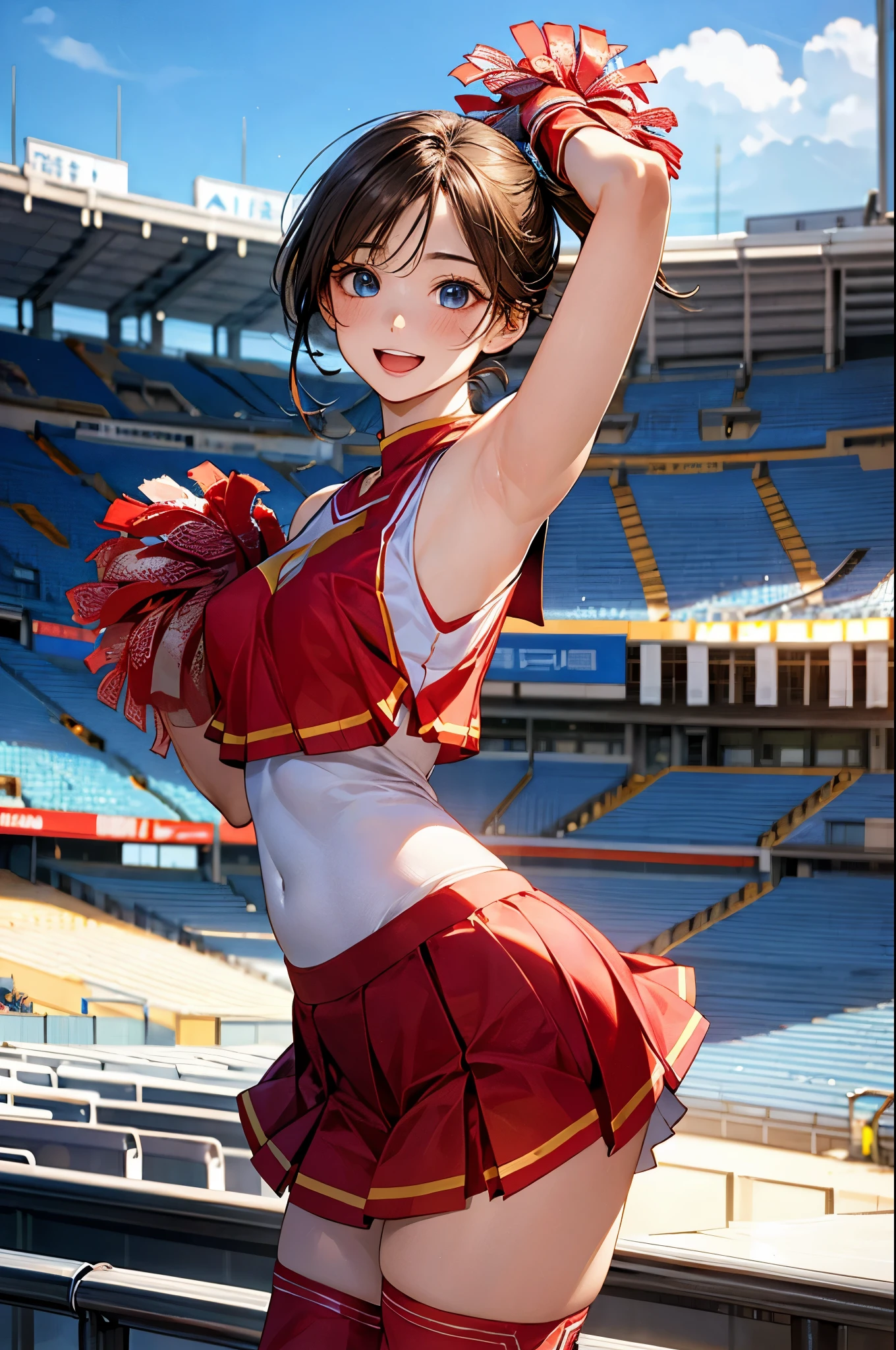 (masterpiece:1.2, top-quality), (realistic, photorealistic:1.4), beautiful illustration, (natural side lighting, movie lighting), depth of fields, back lighting,
looking at viewer, 1 girl, japanese, high chool girl, 17 years old, perfect face, cute and symmetrical face, shiny skin,
(middle hair, side ponytail, light brown hair), asymmetrical bangs, blue eyes, long eye lasher, (medium breasts), cute round face, beautiful make up,
beautiful hair, beautiful face, beautiful detailed eyes, beautiful clavicle, beautiful body, beautiful chest, beautiful thigh, beautiful legs, beautiful fingers,
((sleeveless red cheerleader:1.2), thigh high boots), detached sleeve,
(beautiful scenery), evening, (stadium background:1.2), extremely cute, arm up, armpits, (lovely smile, open mouth),
