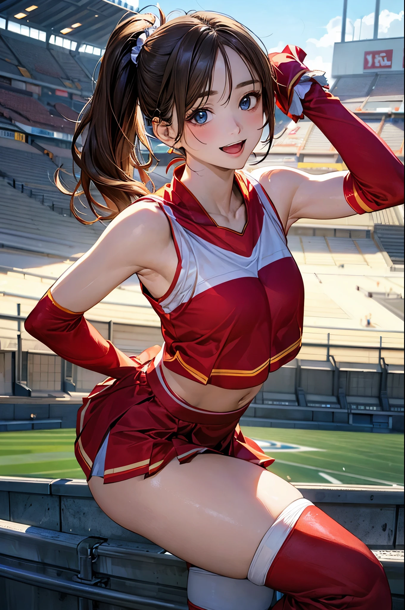 (masterpiece:1.2, top-quality), (realistic, photorealistic:1.4), beautiful illustration, (natural side lighting, movie lighting), depth of fields, back lighting,
looking at viewer, 1 girl, japanese, high chool girl, , perfect face, cute and symmetrical face, shiny skin,
(middle hair, side ponytail, light brown hair), asymmetrical bangs, blue eyes, long eye lasher, (medium breasts), cute round face, beautiful make up,
beautiful hair, beautiful face, beautiful detailed eyes, beautiful clavicle, beautiful body, beautiful chest, beautiful thigh, beautiful legs, beautiful fingers,
((sleeveless red cheerleader:1.2), thigh high boots), detached sleeve,
(beautiful scenery), evening, (stadium background:1.2), extremely cute, arm up, armpits, (lovely smile, open mouth),