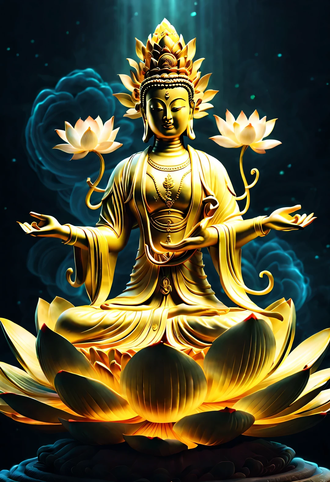 Avalokiteshvara, Flying Golden Lotus Guanyin Bodhisattva, lotus, through HD CG, divinelight, light, 8k, 超HD, Blizzard style art trends, Fog light luminous body lamp, HD, Symmetrical,