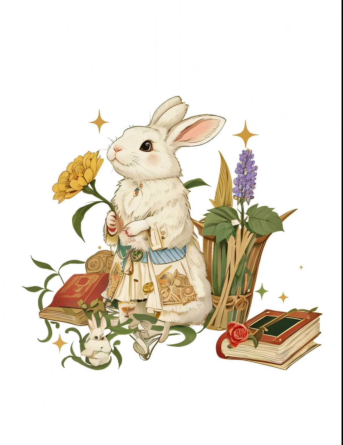 there is a rabbit sitting on a chair next to a book, the white rabbit, white rabbit, illustrated in whimsical style, cute storybook illustration, storybook illustration, story book illustration, storybook illustation, a storybook illustration, anthropomorphic rabbit, full color illustration, rabbit, fairytale illustration, fairy tale illustration, fairy-tale illustration style