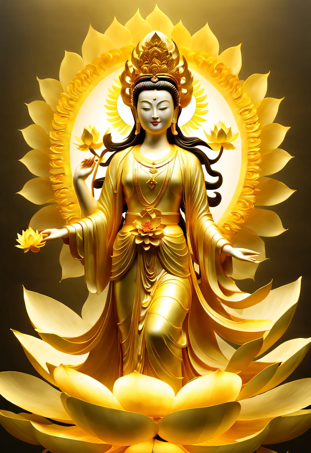 Avalokiteshvara, Flying Golden Lotus Guanyin Bodhisattva, lotus, through HD CG, divinelight, light, 8k, 超HD, Blizzard style art trends, Fog light luminous body lamp, HD, Symmetrical,