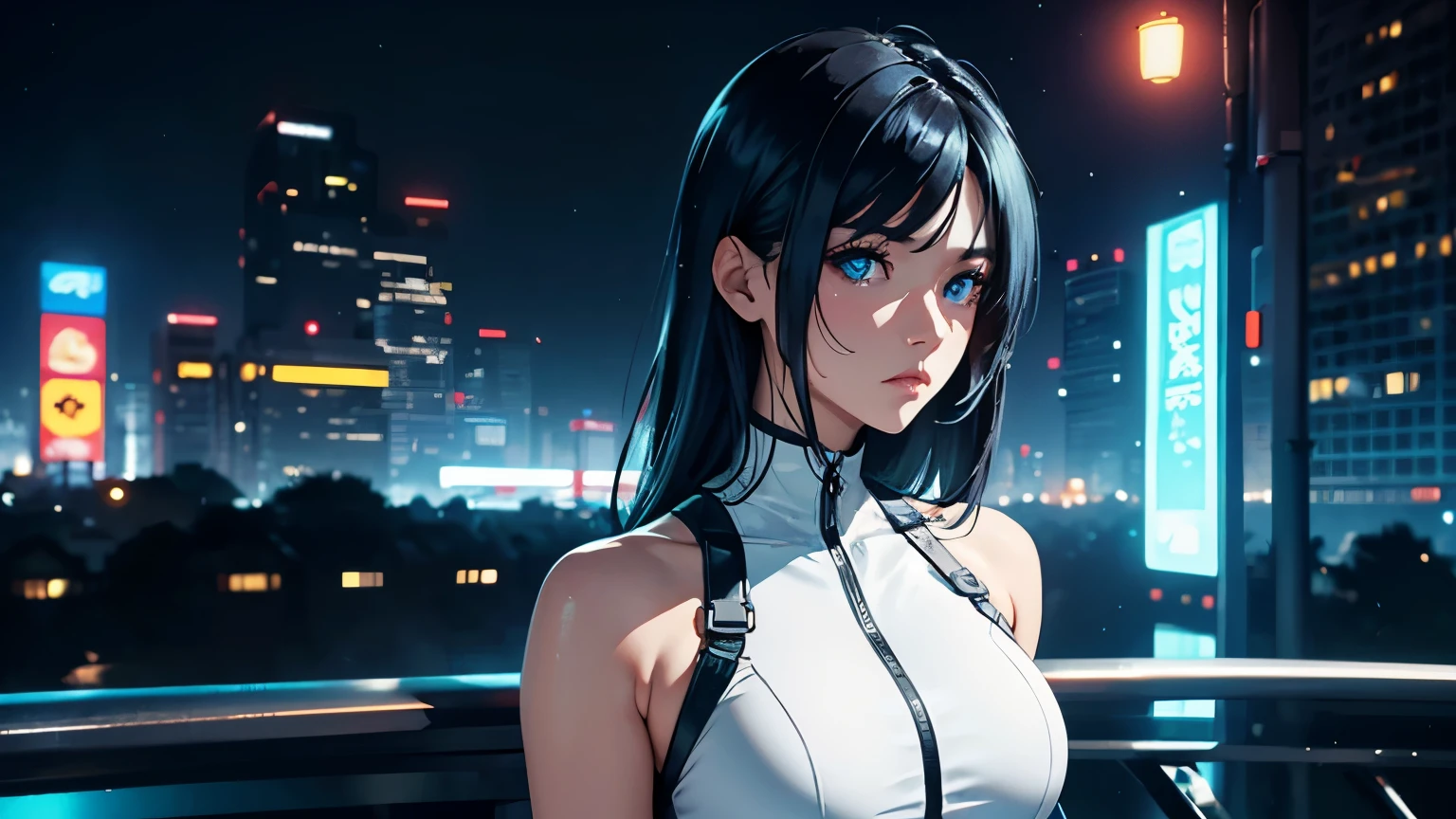 Editorial Style photo, Aerial view, 1woman, fit-muscled body, medium breast, bright yellow eyes,dark blue hair , blue eyes, With round lenses, The audience watched carefully, (s face: 1.2), Perfect female figure, ((standing)), ((neon white Tight crop top neon white leather suit), face close up, ((Bonifasko lighting)), (The round lenses on his eyes)(詳細な目), Perfect student, face close up, Tech Noir, City street, Holographic advertisements, Glossy, reflective, and metallic, Tech gadgets and urban chaos, Monochrome with neon accents, SynthTech Inc., Neon and spotlights, Urban downtown, Nighttime, Mysterious and intriguing, Mix of modern and retro architecture —ar 16:9 —s 500