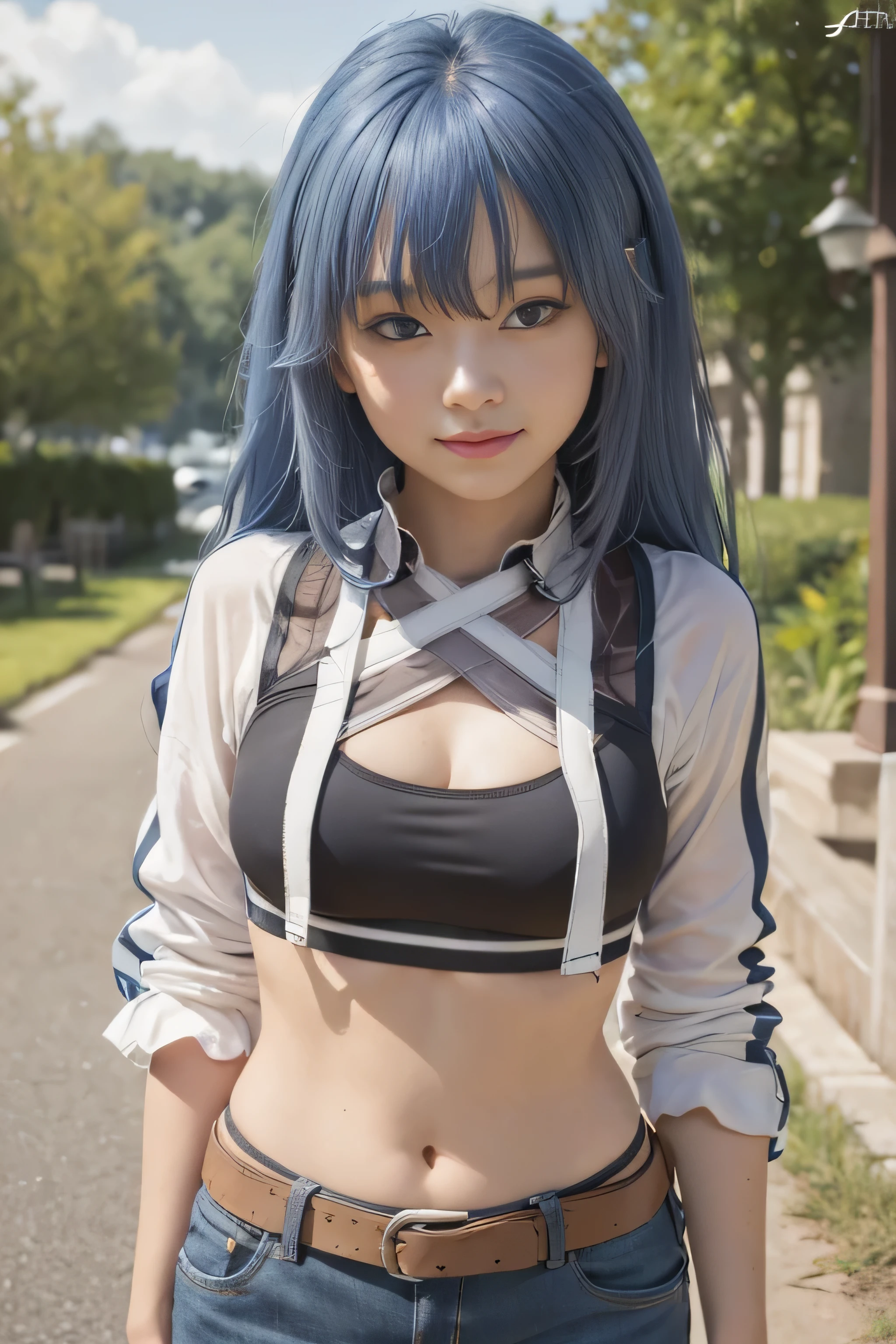 Realistic,masterpiece, best quality, (realistic,photo-realistic:1.4), (RAW photo:1.2),extremely detailed CG unity 8k wallpaper, delicate and beautiful, amazing,finely detail, official art, absurdres, incredibly absurdres, huge filesize, ultra-detailed,extremely detailed eyes and face, light on face,roxy migurdia,little smile,(blue hair:1.3),long hair,(wearing sports bra:1.4),outdoor,jeans pants,brown belt,white shirt