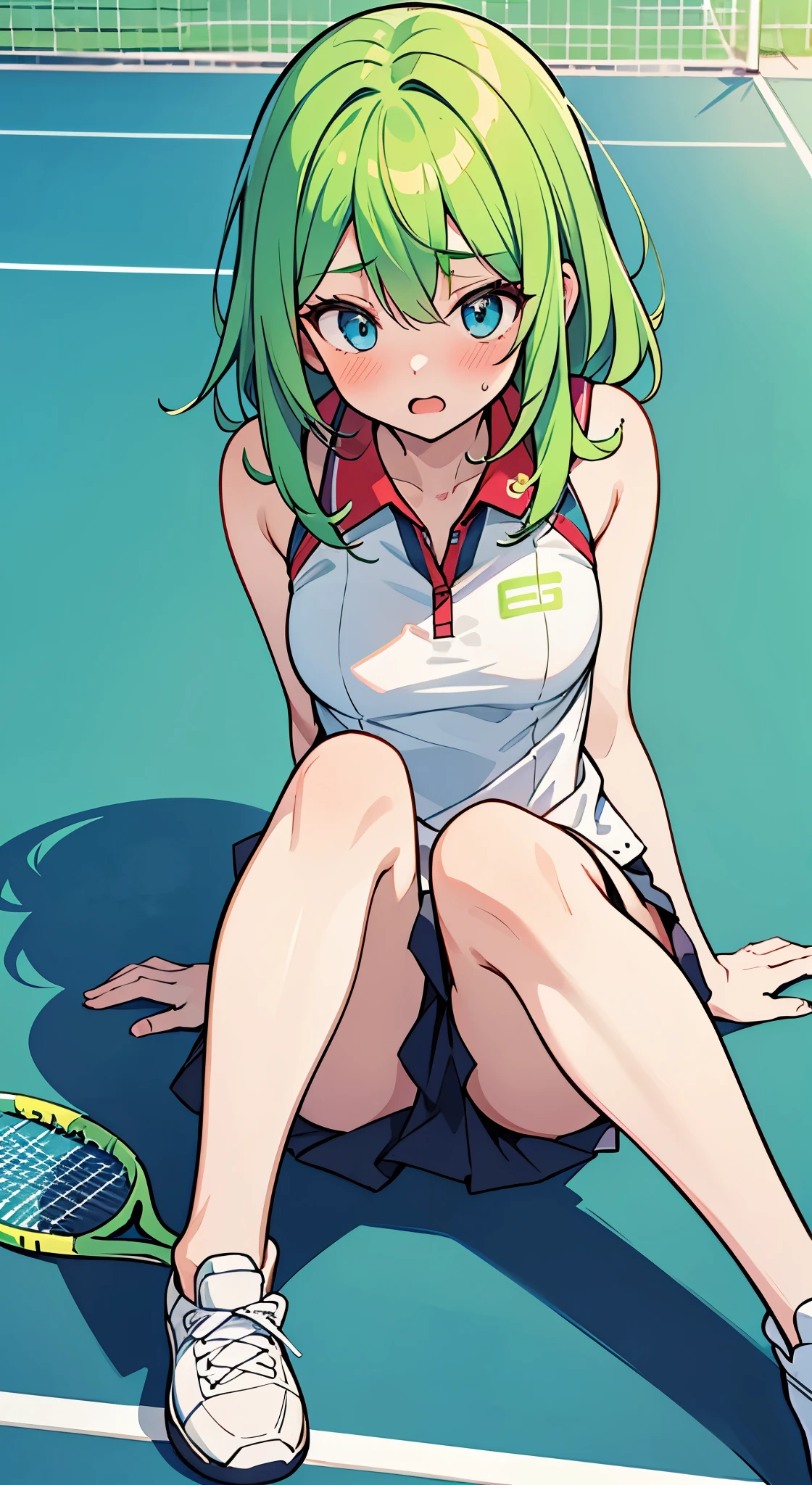 ((A Pretty girl with green hair and blue eyes)), ((wearing tennis wear)), with a tennis racket, , ((master piece, top-quality, ultra-definition, high resolution)), anime girl, ((ultra-detailed illust:1.2)), only one person, bangs, hair between eye, beautiful hair, Shiny eyes, Medium breasts, Blushing, embarrassed, opened mouth, ((open legs:1.2)), slip and fall, sitting on the tennis court