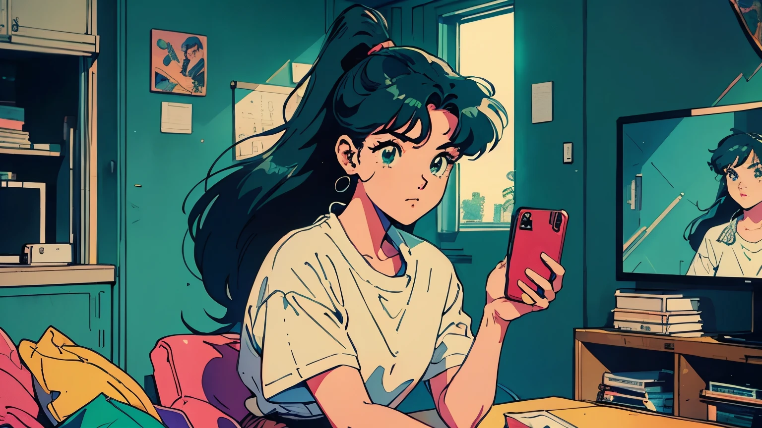 ((Vaporwave Style, partially coloring)), (((vanilla))), whole body,
(living room:1.5), (table top:1.5, highest quality:1.5), In a large room, bookshelf, messy room, exclusive life, apartments,
1 girl, blue eyes, dark green hair, long hair, ponytail, closed mouth, looking away,
(Taking a selfie:1.4), sitting in a chair, I'm at my desk, elbows, resting on chin, White sweatshirt, Fashion of the 90s, red sport shorts, sports socks,
Old School Anime, retro anime, 1990s anime, 1980s anime, retro anime style, masterpiece, highest quality, beautiful anime, (ultra-detailed background, detailed background), High resolution, Super detailed, very detailed, Arte Lofi, Anime Art Wallpaper 4K, Anime Art Wallpaper 4K,