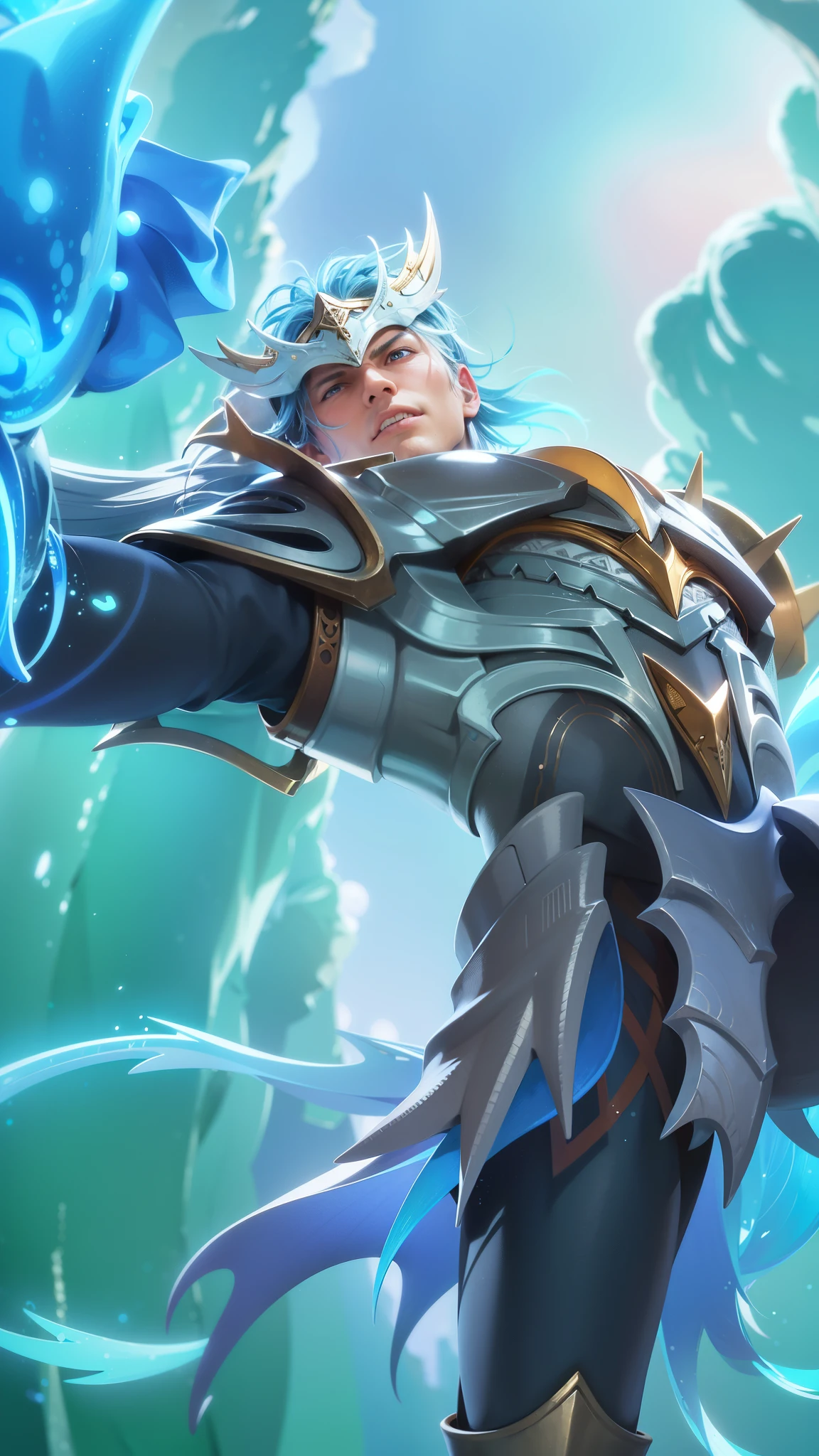 a close up of a man with a helmet on holding a sword, gatotkaca, young handsome, angry, masterpeace, 8K quality, High resolution, super detail, realistic, Raw photo, blue eyes, blue hair.