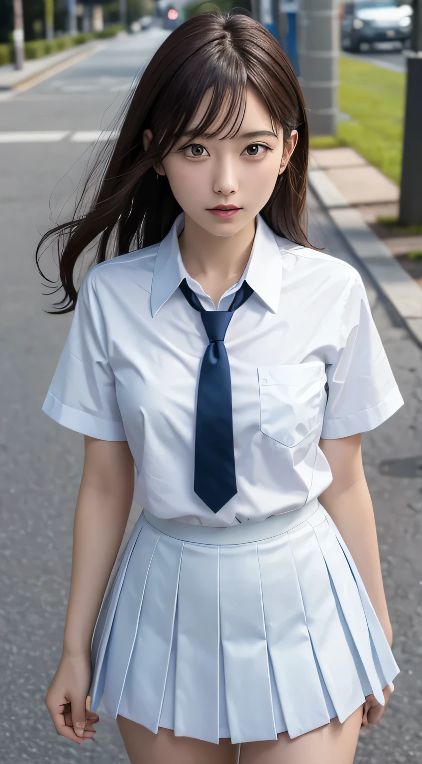 (table top, highest quality:1.2), 8K, 18-year-old, 85mm, official art, RAW photo, absurd, white dress shirt, cute face, close, Upper body, Biolace, gardenia, beautiful girl, school uniform, cardigan、 (navy pleated skirt:1.1), cinch waist, thighs thighs, short sleeve, hair above one eye、in the street, looking at the viewer, no makeup, (smile:0.6), film grain, chromatic aberration, sharp focus, face light, clear lighting, Ten generations, detailed face, background bokeh, (Dark red tie:1.1)、medium breasts