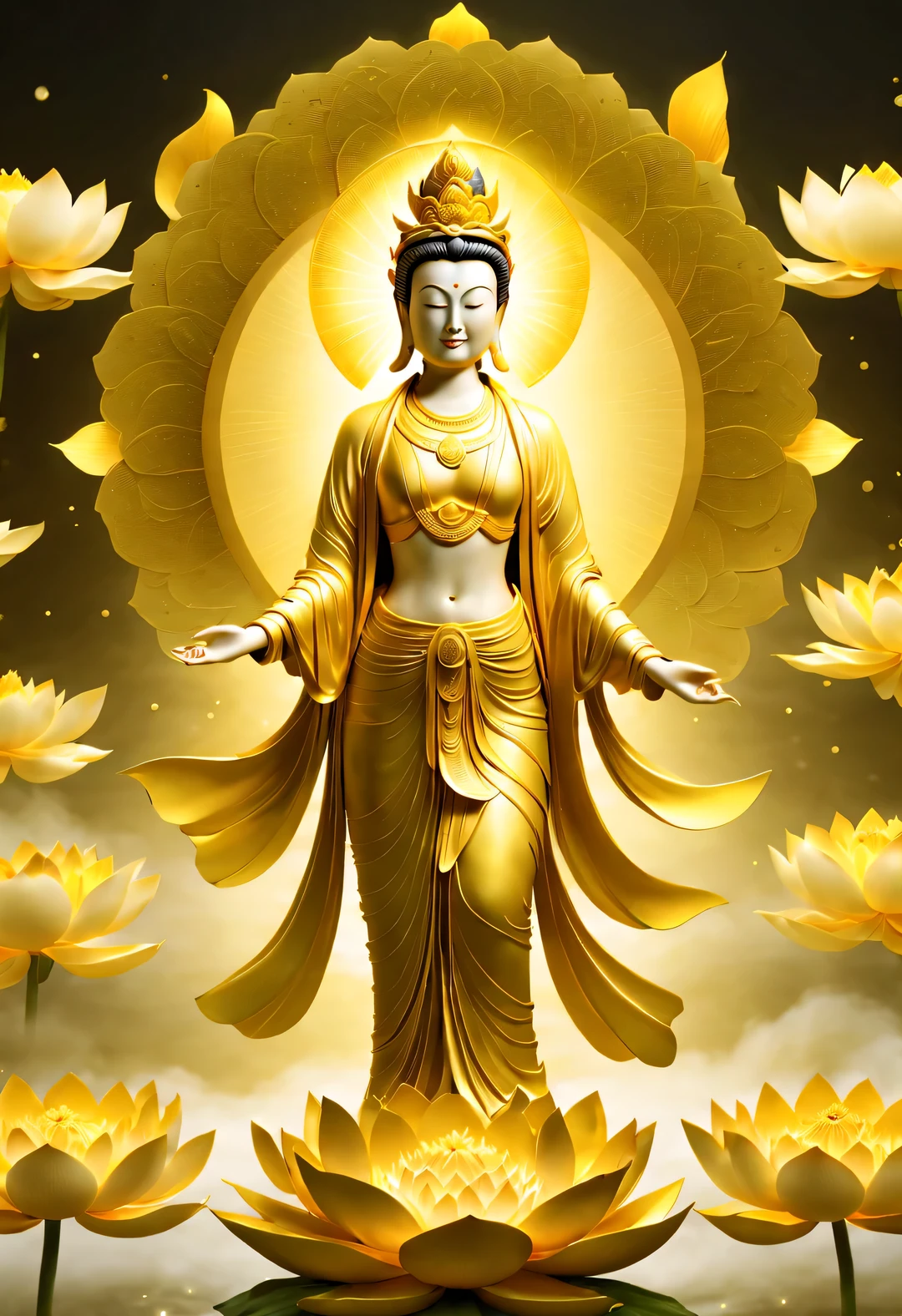A golden buddha statue surrounded by lotus flowers in a dark room ...