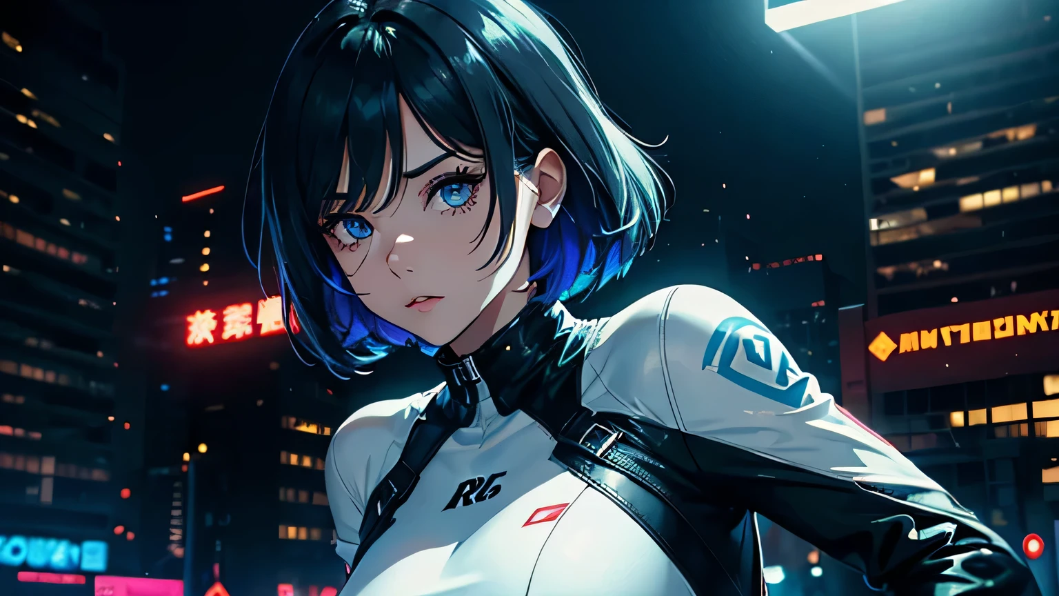 Editorial Style photo, Aerial view, 1woman, fit-muscled body, medium breast, bright yellow eyes,dark blue hair , blue eyes, With round lenses, The audience watched carefully, (s face: 1.2), Perfect female figure, ((standing)), ((neon white Tight crop top neon white leather suit), face close up, ((Bonifasko lighting)), (The round lenses on his eyes)(詳細な目), Perfect student, face close up, Tech Noir, City street, Holographic advertisements, Glossy, reflective, and metallic, Tech gadgets and urban chaos, Monochrome with neon accents, SynthTech Inc., Neon and spotlights, Urban downtown, Nighttime, Mysterious and intriguing, Mix of modern and retro architecture —ar 16: 500