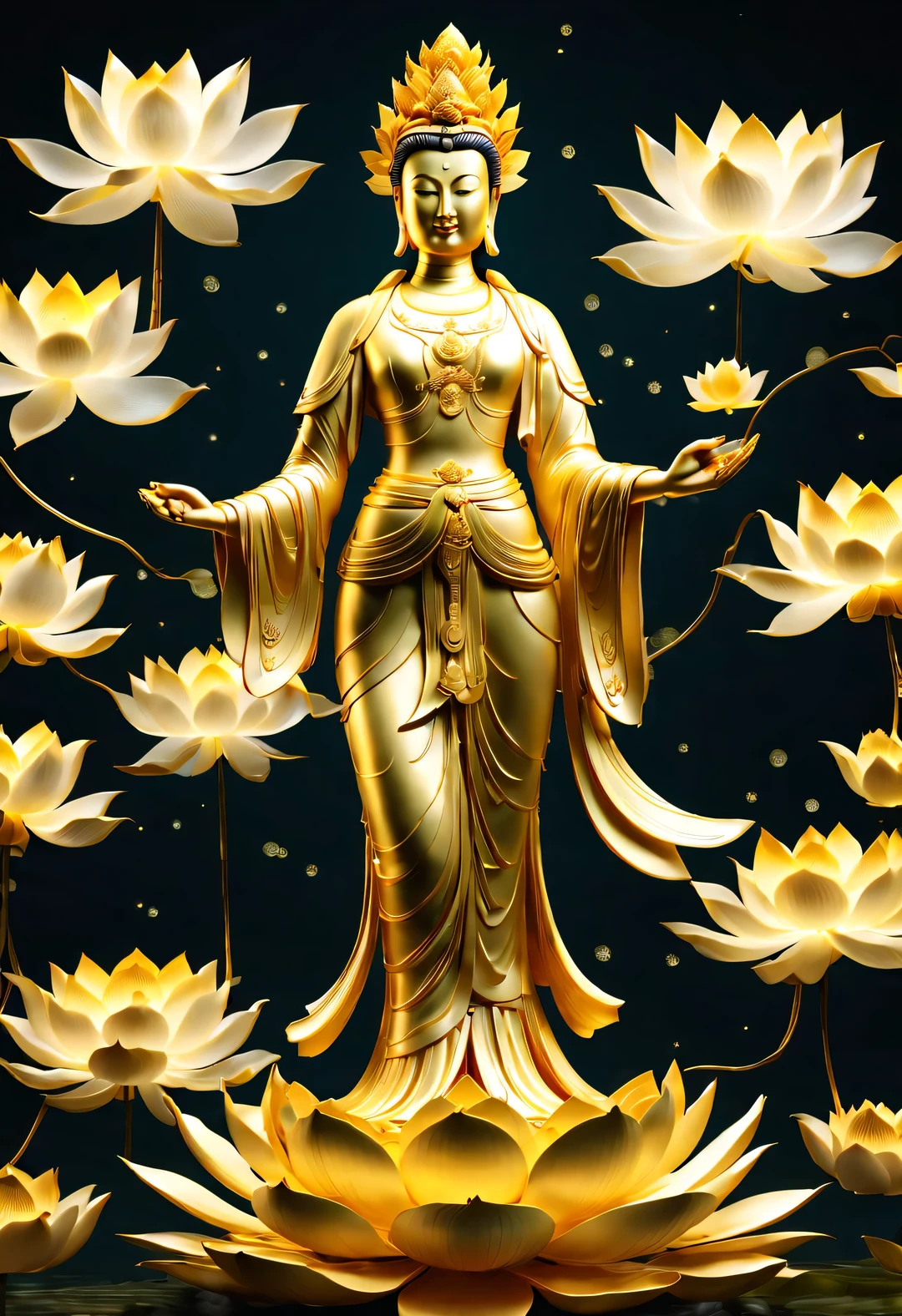 Avalokiteshvara, Flying Golden Lotus Guanyin Bodhisattva, lotus, through HD CG, divinelight, light, 8k, 超HD, Blizzard style art trends, Fog light luminous body lamp, HD, Symmetrical,