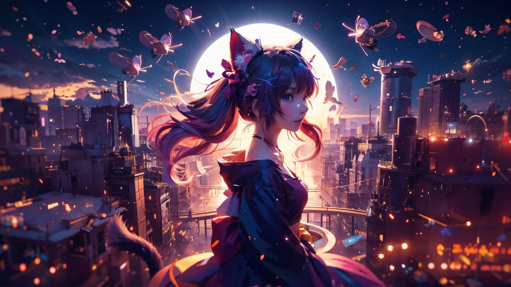 Anime girl with cat ears and cat tail in the night city, anime style 4k, anime art wallpaper 8k, anime art wallpaper 4k,A drone is flying in the sky, night city,anime wallpaper 4k, anime wallpaper 4k, 4k anime wallpaper, Beautiful anime cat girl, 8K high quality detailed art, very beautiful anime cat girl, anime fantasy artwork