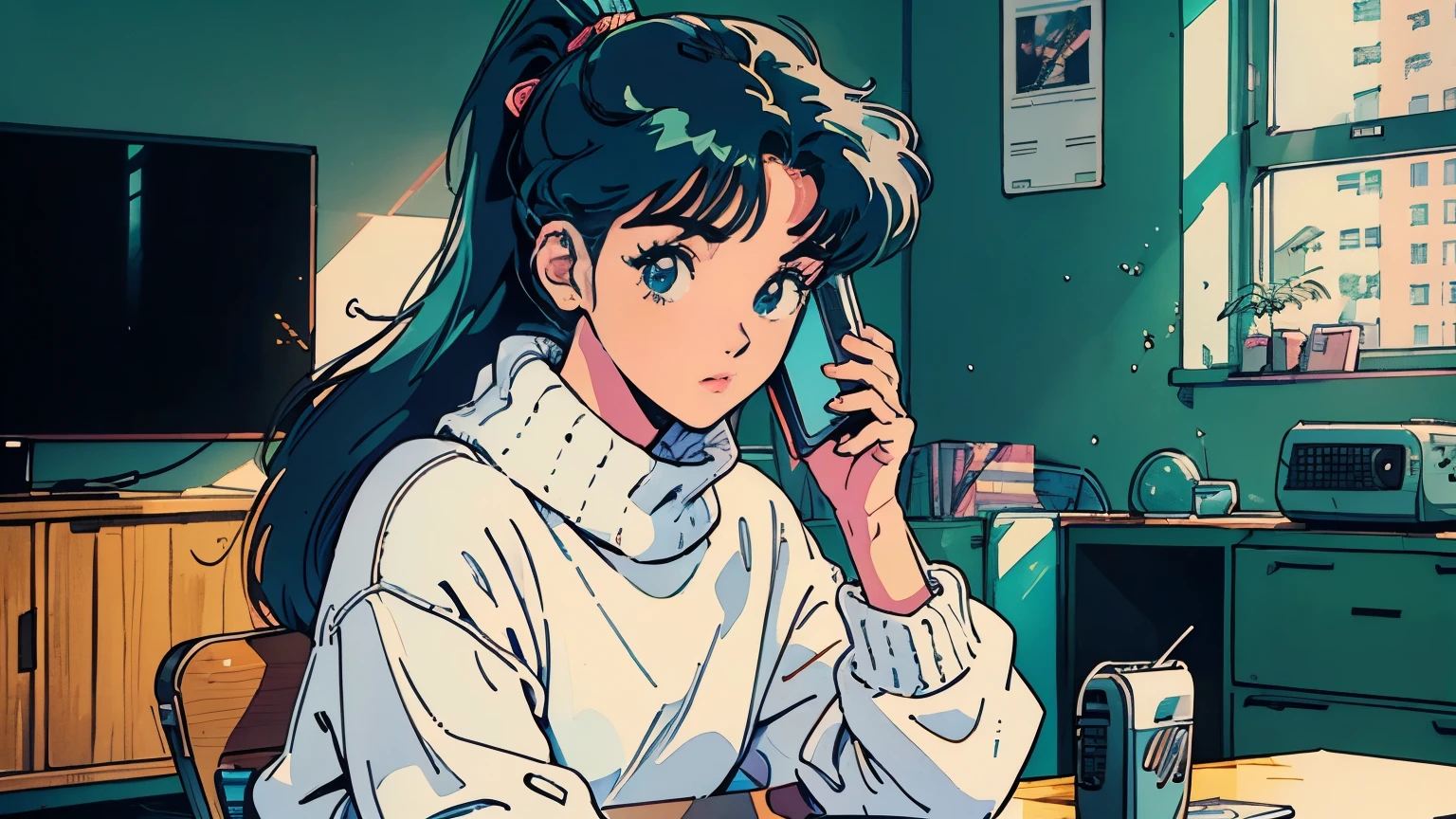((Vaporwave Style, partially coloring)), (((vanilla))), whole body, wide shot, 
(living room:1.5), (table top:1.5, highest quality:1.5), In a large room, bookshelf, messy room, exclusive life, apartments, 
1 girl, blue eyes, dark green hair, long hair, ponytail, closed mouth, looking away, 
(handling_smart_phone, smart_phone:1.5), sitting in a chair, I&#39;m at my desk, elbows, resting on chin, (Wearing white knitwear:1.5), Fashion of the 90s, red sport shorts, sports socks, 
Old School Anime, retro anime, 1990s anime, 1980s anime, retro anime style, masterpiece, highest quality, beautiful anime, (ultra-detailed background, detailed background), High resolution, Super detailed, very detailed, Arte Lofi, Anime Art Wallpaper 4K, Anime Art Wallpaper 4K, 