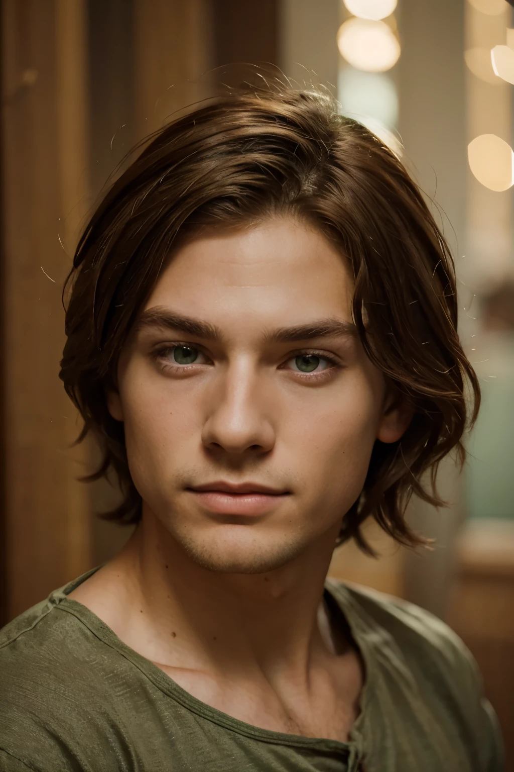 a young man of 35 years chestnut hair dark green eyes a portrait reality
