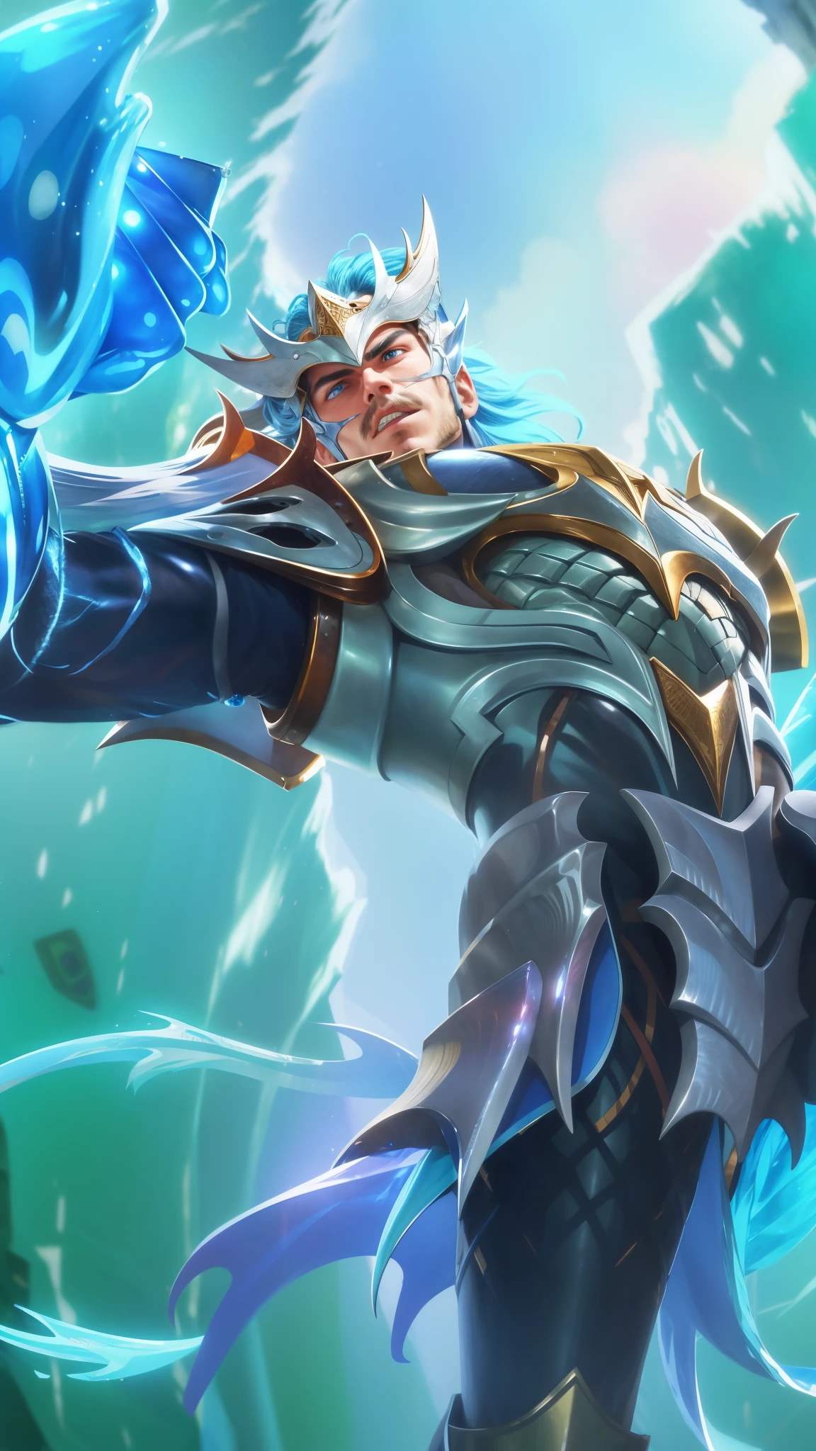 a close up of a man with a helmet on holding a sword, gatotkaca, young handsome, angry, masterpeace, 8K quality, High resolution, super detail, realistic, Raw photo, blue eyes, blue hair.