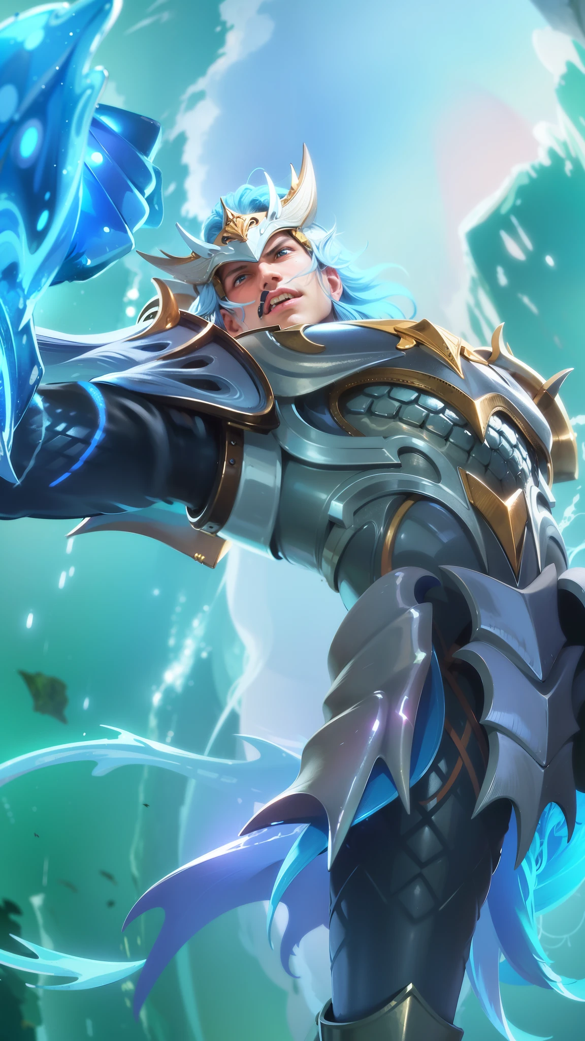 a close up of a man with a helmet on holding a sword, gatotkaca, young handsome, angry, masterpeace, 8K quality, High resolution, super detail, realistic, Raw photo, blue eyes, blue hair.