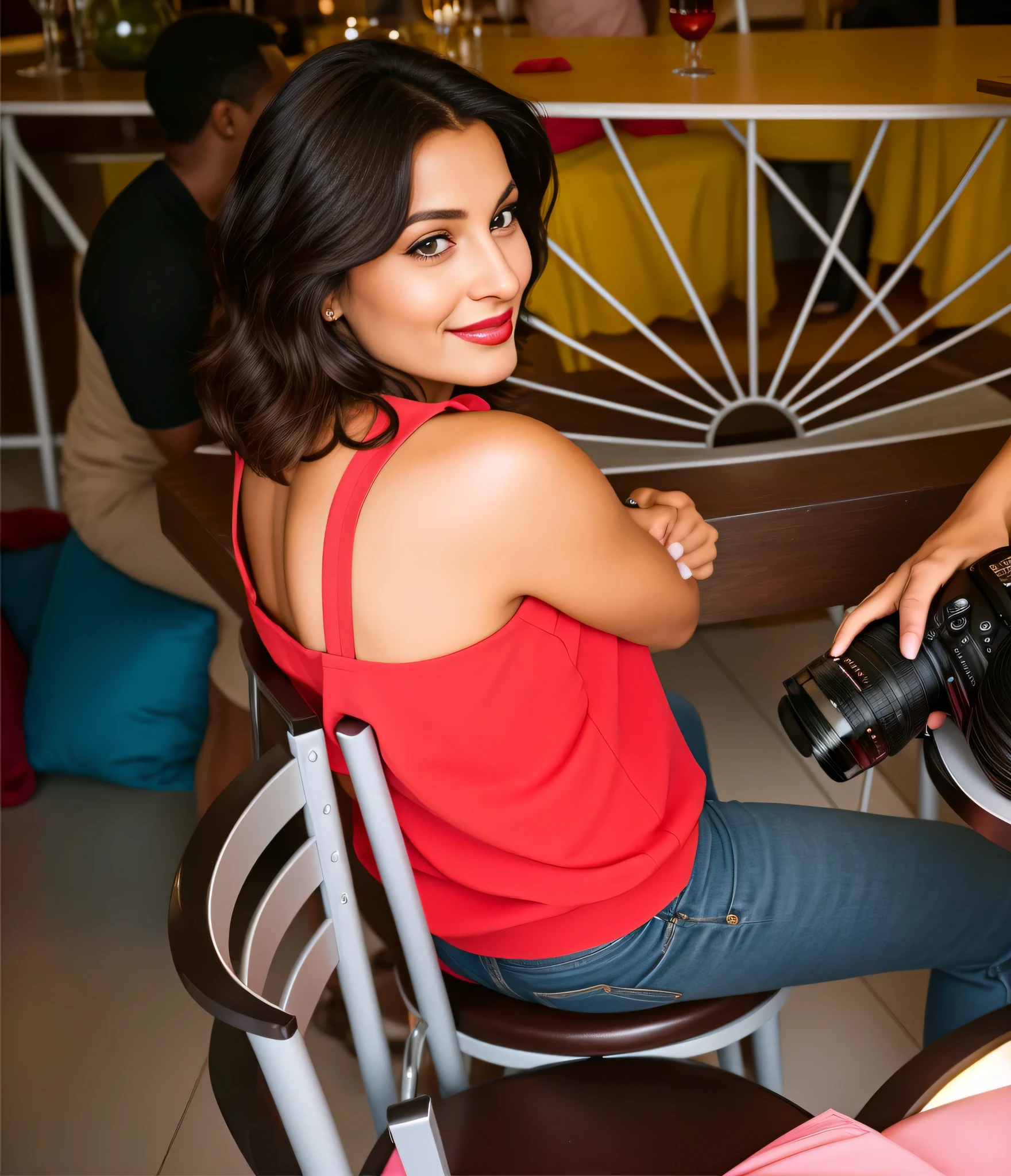 There's a woman sitting at a table, with a camera, Sentado em uma cadeira, showing the shoulder from behind, foto tirada por cima do ombro, ombros podem ser vistos, olhando para o ombro dela, photo taken from behind, tiro por cima do ombro . Uma mulher com pele branca e cabelos escuros. ela tem cerca de 35 anos. your lips are slightly plump, your eyes are dark brown. Corpo fino, cintura fina. Altamente realista, Lindo, slightly full lips, batom cor de rosa, sorridente, hiperrealismo, pele muito elaborada. foto de corpo inteiro, Limpar foto, alta qualidade, high resolution, obra de arte, 8k.