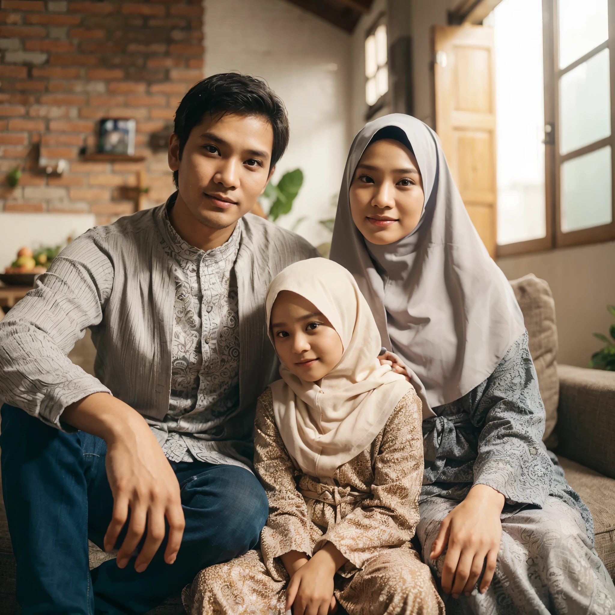 Indonesian family photo, 30 year old father with clean face, 25 year old mother wearing hijab and robe, 8  daughter wearing hijab and robe.  sit back and relax at home.  realistic photo, 16k, studio photo