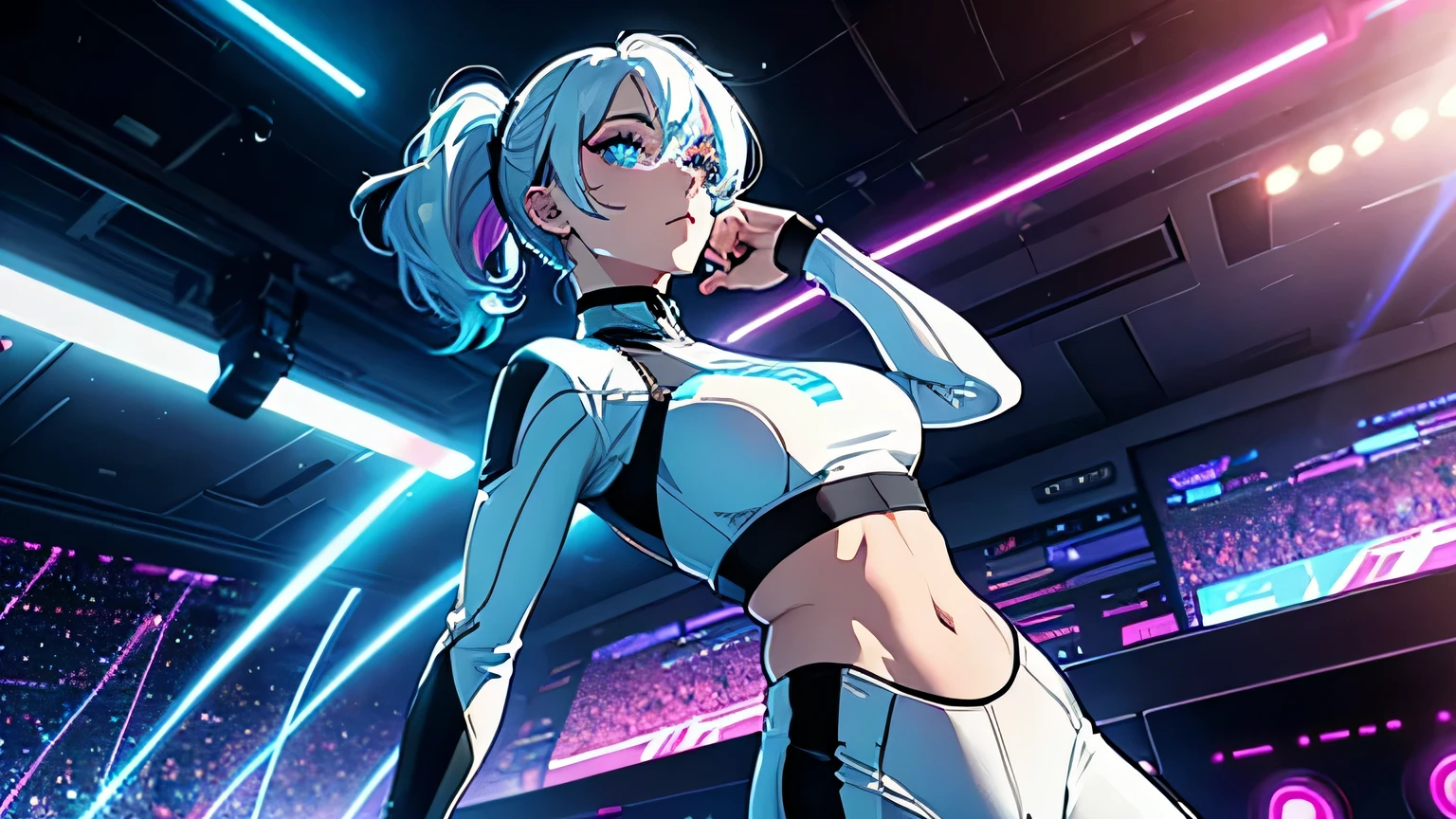 Editorial Style photo, Low angle, 1woman, fit-muscled body, medium breast, bright yellow eyes，dark blue hair , blue eyes, With round lenses, The audience watched carefully, (s face: 1.2), Perfect female figure, ((standing)), ((neon white Tight crop top neon white leather suit), face close up, ((Bonifasko lighting)), (The round lenses on his eyes)(詳細な目), Perfect student, face close up, Futurism, Nightclub, Holographic dance floor, Shimmering, pulsating, and sleek, Futuristic partygoers and tech, Vibrant neon with deep blacks, CyberGroove, Dynamic club lighting, Urban nightlife, Nighttime, Energetic and immersive, Modern sleek nightclub design,   
