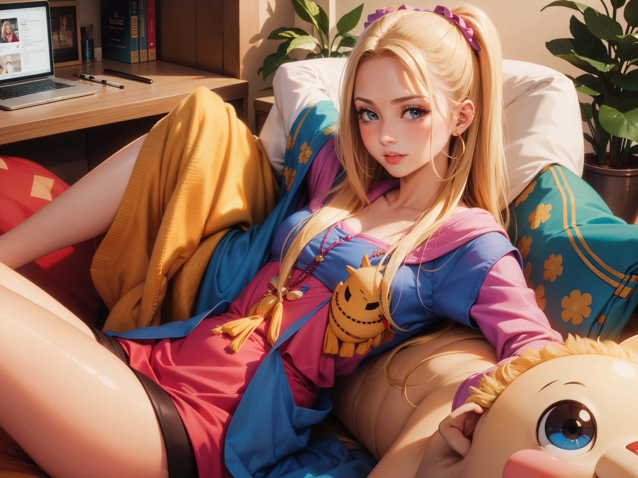 PUNIPUNI KAWAII, a beautiful Pink hair gamer girl, beautiful detailed Blue eyes with (Sparkling Highlights:1.28), beautiful detailed lips,extremely detailed eyes and face,longeyelashes,in a ((Pikachu(Yellow hoodie))) (Moe Sleeves:1.2), (Professional photo:1.37), Huge breasts (Overflowing Gigantic cleavage:1.28) close up down blouse, (perfect lighting) navel, Radiant PearlSkin with Transparency, Dynamic Joyful Expressions LifeLike Rendering, ((Lying Back from Directly Above:1.2)) bedroom