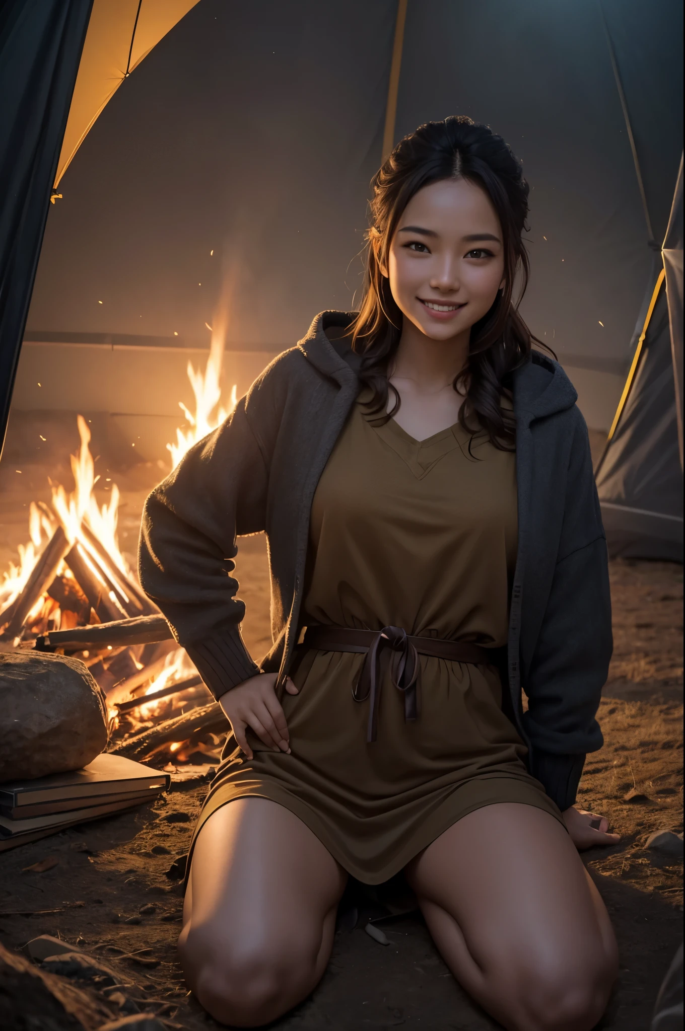 8k,evening,young woman camping,brown mohawk hair,lit by a bonfire,cold,triangular tent behind,Photorealistic RAW photos of the highest quality。bright colors,rich colors, Backlight, cinematic lighting, film grain, to be born, 50mm lens, Nikon D850,realistic skin,fantasy art,character art,ultra high resolution,realistic skin,perspective from above,big smile,You can see the superb view.